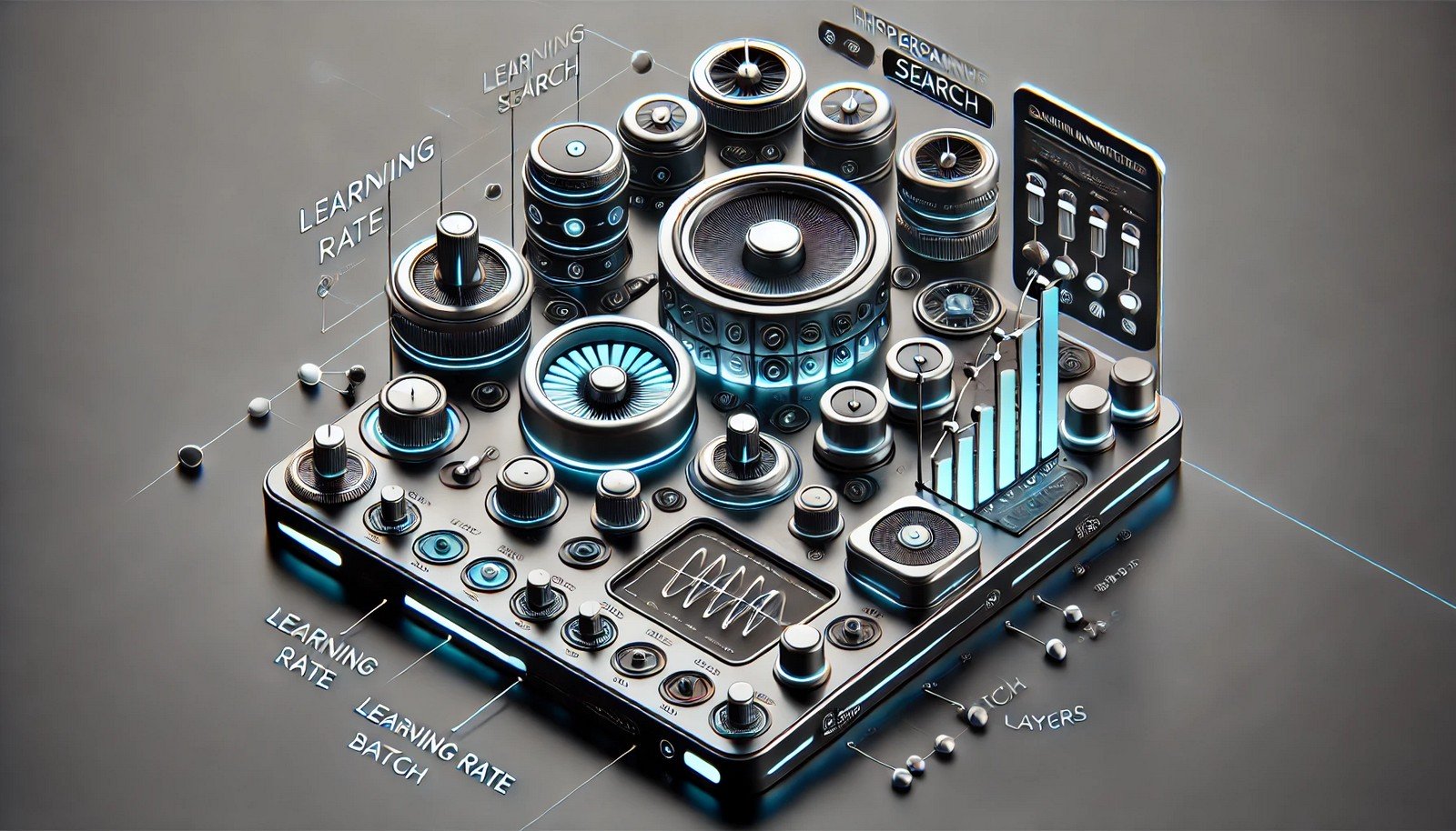 A clean 3D illustration of a digital interface with dials, sliders, and switches representing machine learning model settings like learning rate and batch size, symbolizing hyperparameter search.