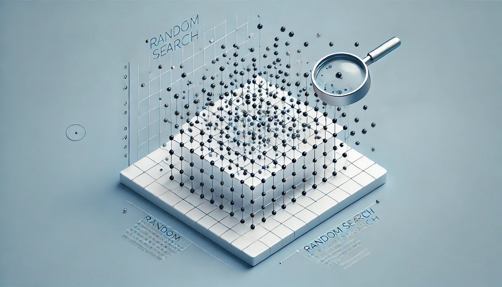 A clean 3D illustration showing an abstract grid representing a search space, with scattered points symbolizing the random exploration of parameters, capturing the concept of Random Search in machine learning.