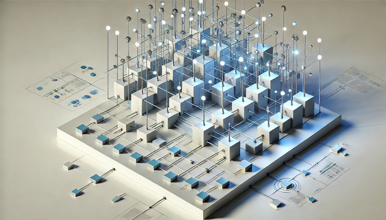 A structured 3D grid illustration showing interconnected nodes, symbolizing various combinations in a Grid Search for machine learning hyperparameter tuning.