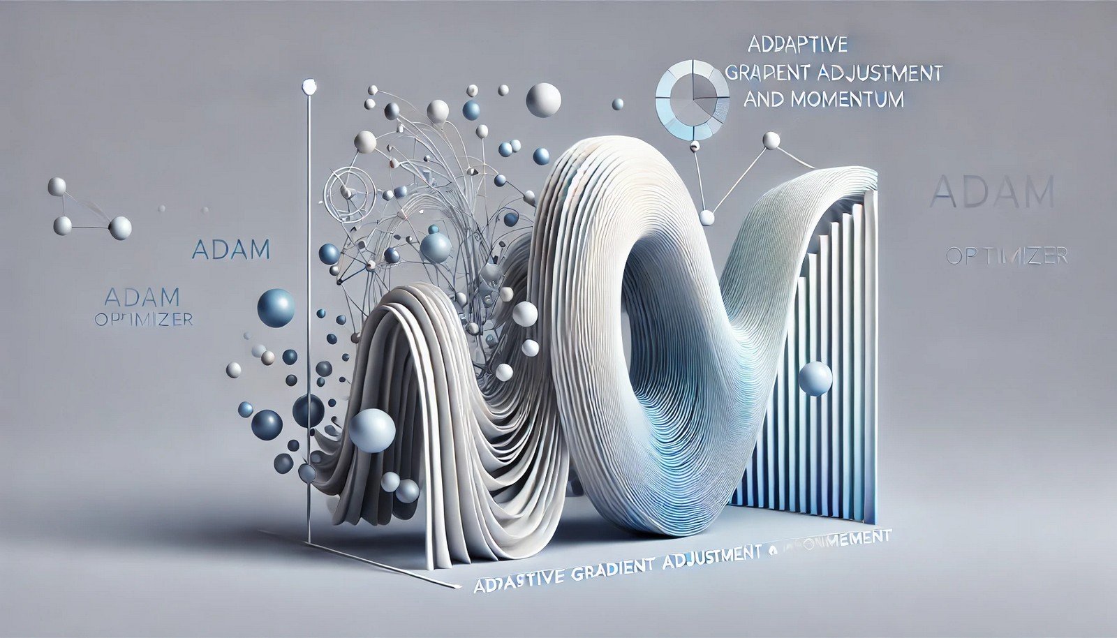 A 3D illustration visualizing the Adam Optimizer in machine learning, depicting flowing paths of gradients with abstract elements symbolizing momentum and adaptability in a neural network setting.