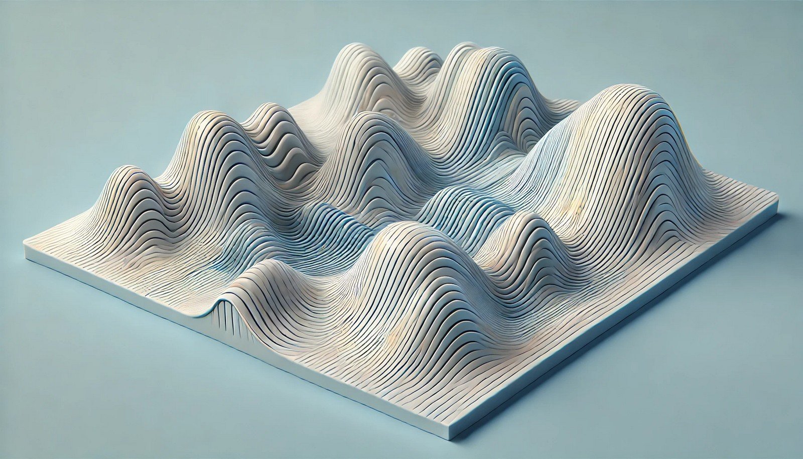 A clean 3D illustration depicting RMSprop's adaptive optimization, with gradient paths that adjust over varying terrains to signify changes in learning rates, representing machine learning dynamics.