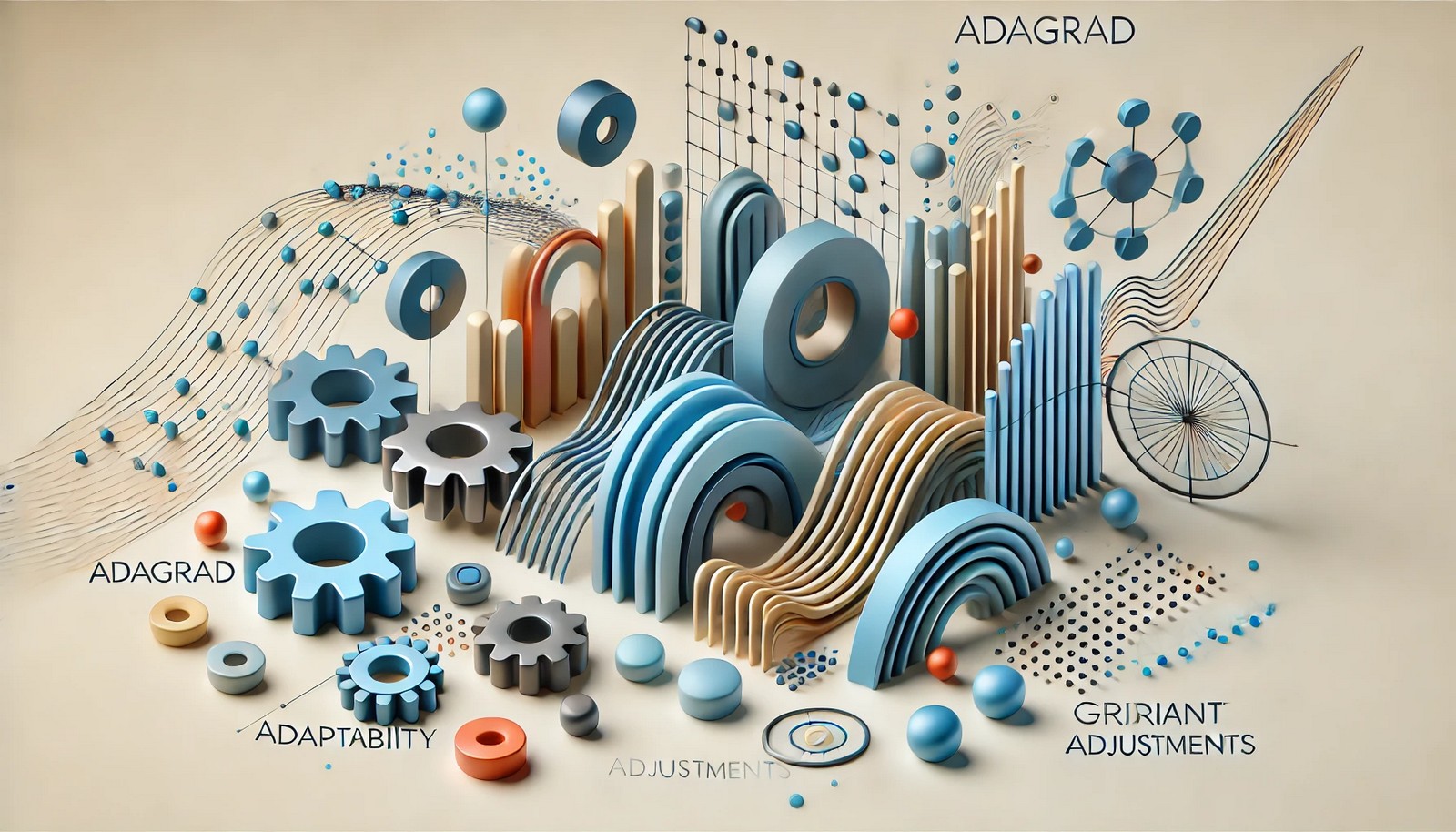  Abstract 3D illustration of Adagrad's concept, with geometric shapes representing model parameters receiving individual adjustments in a dynamic, adaptive environment, conveying gradient-based optimization.