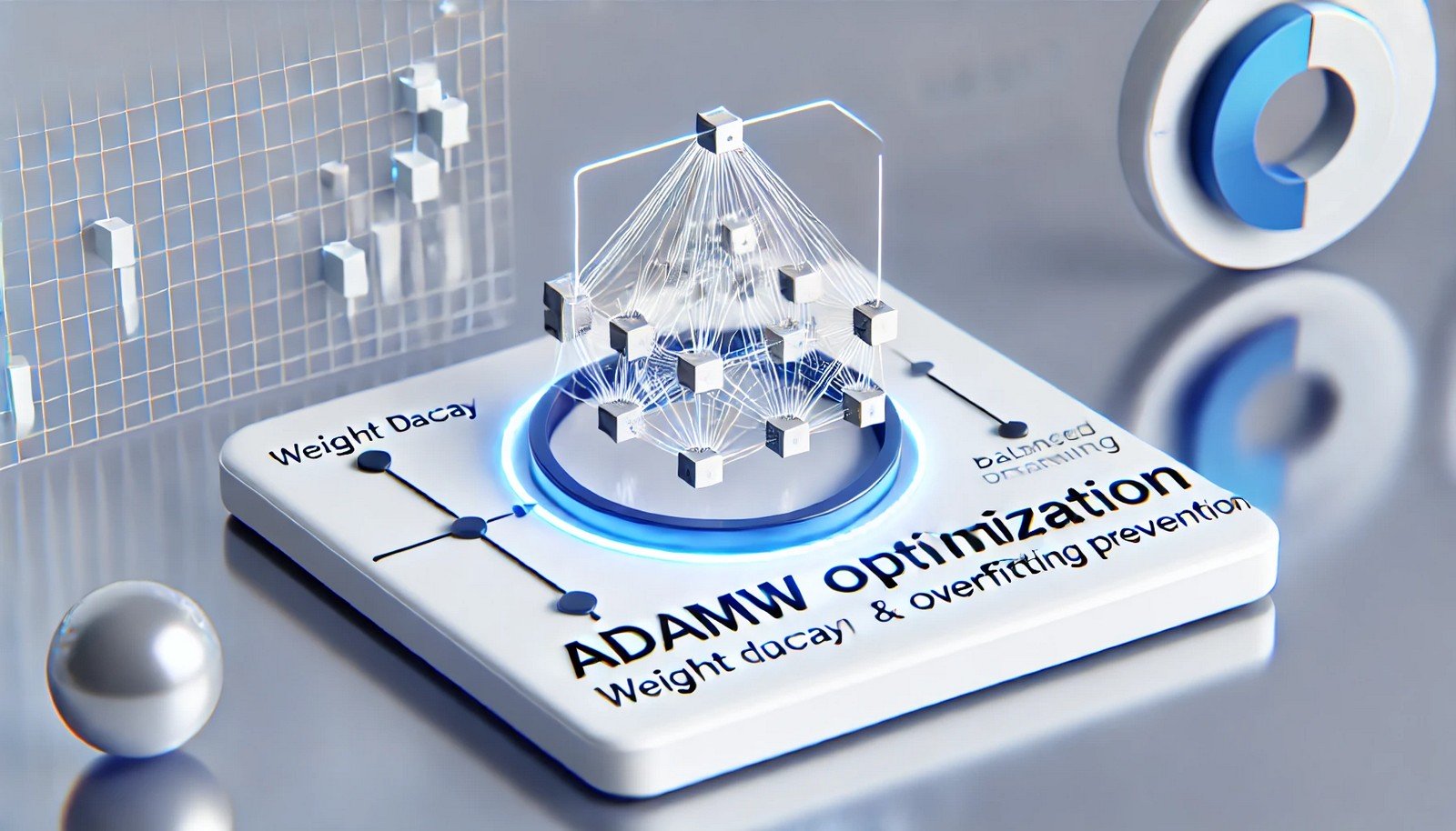 A 3D illustration of a digital neural network, symbolizing AdamW optimization in machine learning, with elements representing weight decay adjustments and balanced, fine-tuned learning in a controlled environment.