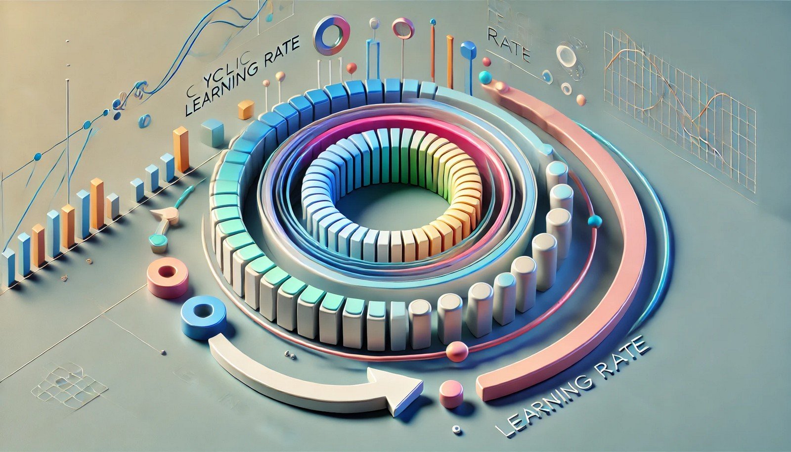 A clean 3D illustration showing a circular adaptive loop with gradient transitions and directional arrows, symbolizing cyclic learning rate adjustments in a machine learning model.