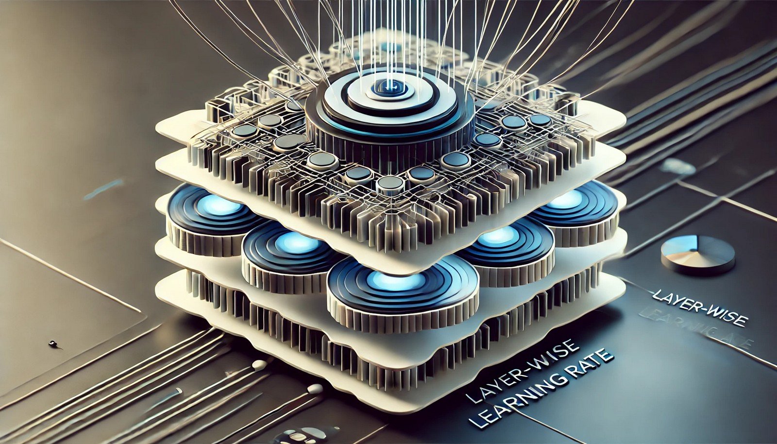 3D illustration of a neural network with multiple layers, each layer showing varying learning intensities. The shallow layers have higher intensity, gradually decreasing in depth, highlighting the adaptive learning rate concept.