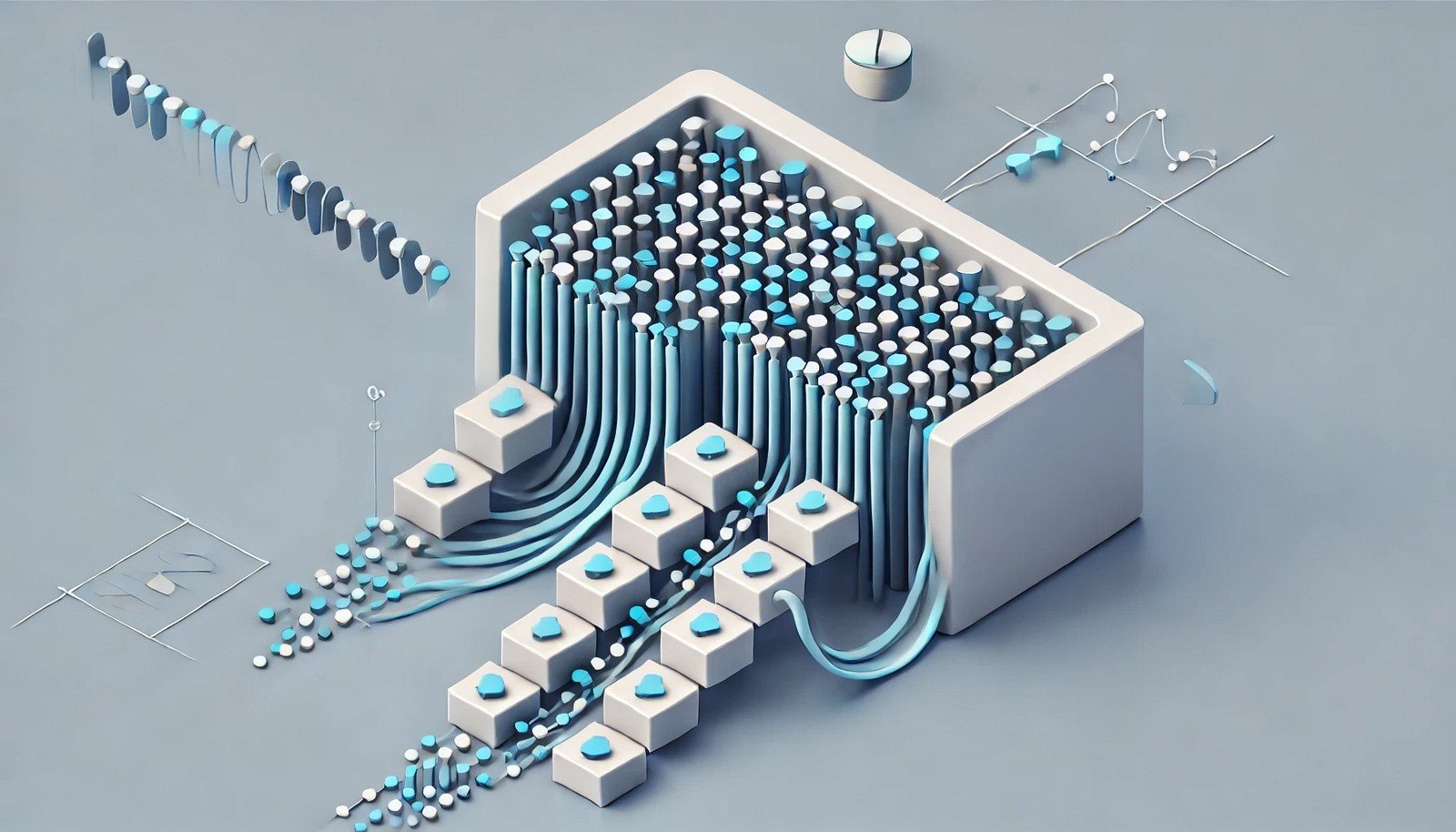 A 3D illustration of Mini-batch Gradient Descent in machine learning, showing small data batches entering a model step-by-step, visually representing iterative optimization without text.