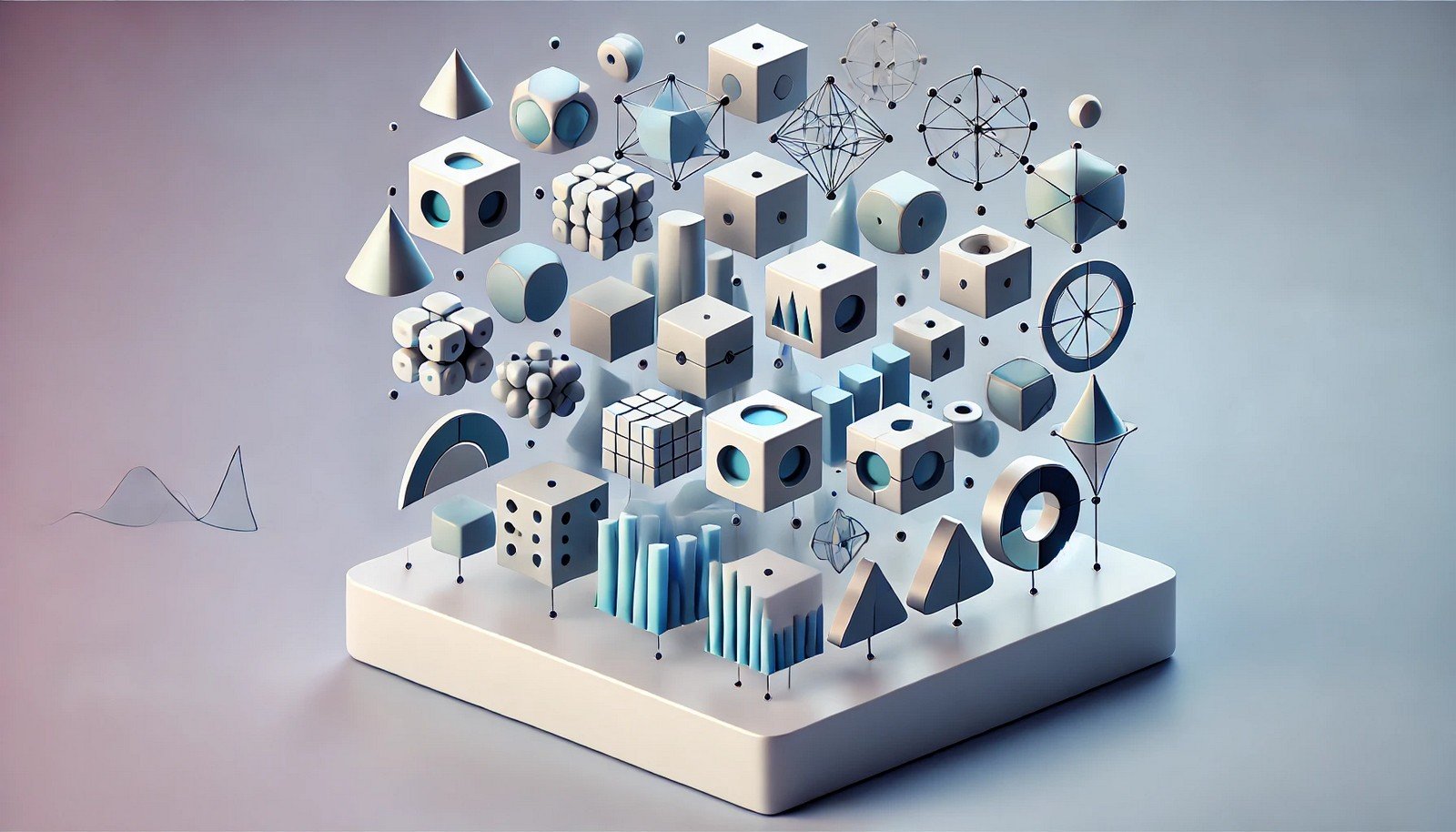 A 3D illustration symbolizing Orthogonal Regularization in machine learning, featuring independent geometric shapes that are visually balanced and spaced, each element unique to represent diverse, non-overlapping features.