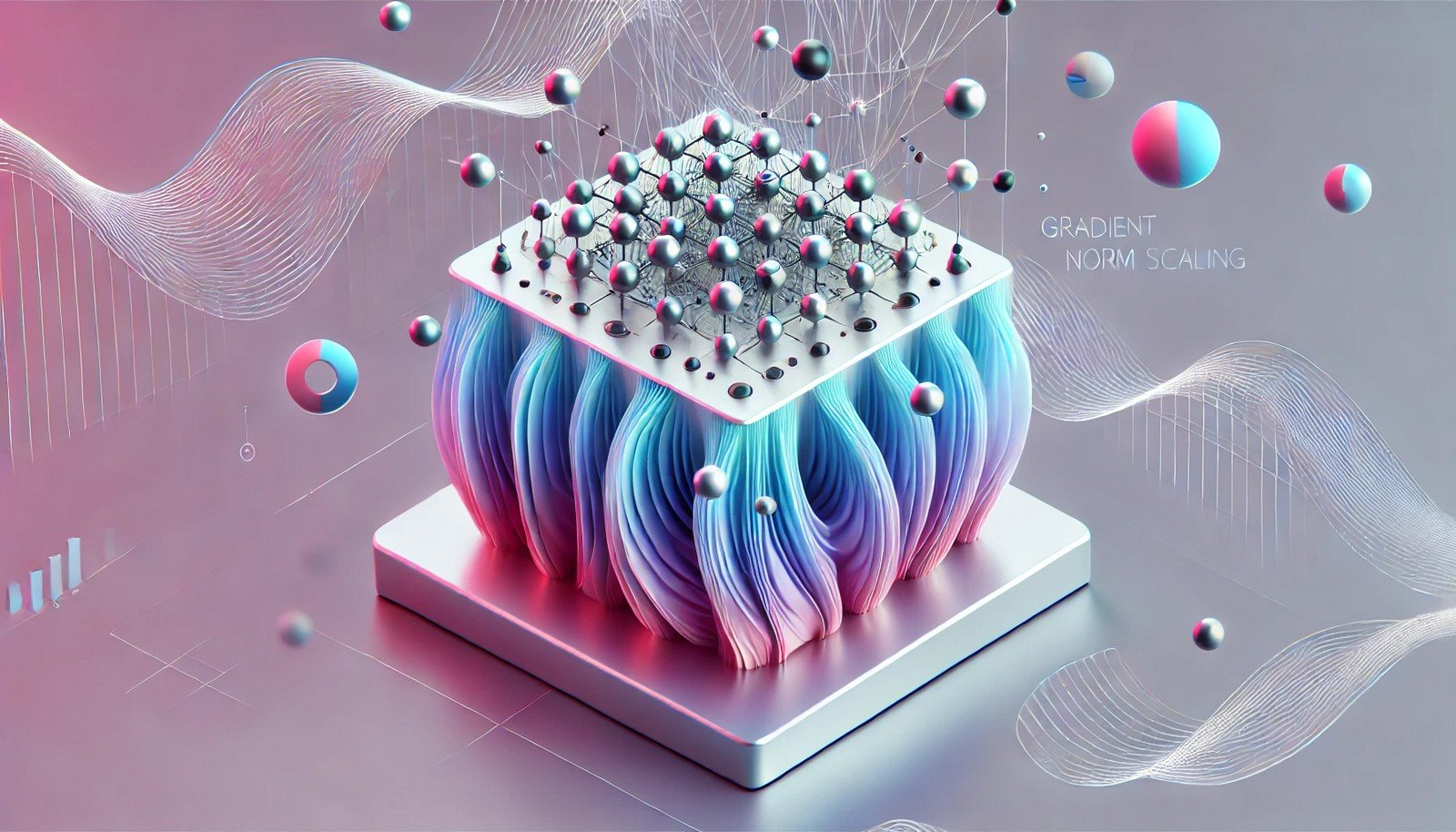 A 3D illustration of Gradient Norm Scaling in deep learning, showing balanced gradients flowing smoothly through network nodes, symbolizing stability and control in neural network training.