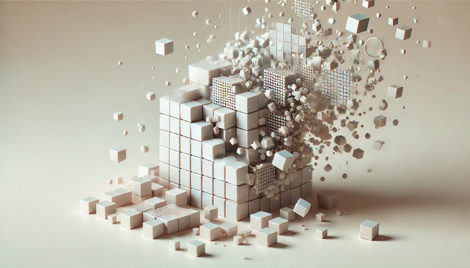 Abstract 3D illustration showing complex data elements breaking into smaller, simpler parts. Neutral color palette with a minimalistic design highlights the concept of factorization and decomposition.