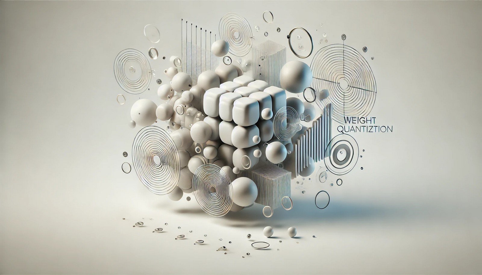 A clean 3D illustration visualizing Weight Quantization in AI, showing abstract shapes symbolizing streamlined, compressed weights, ideal for mobile and IoT applications.