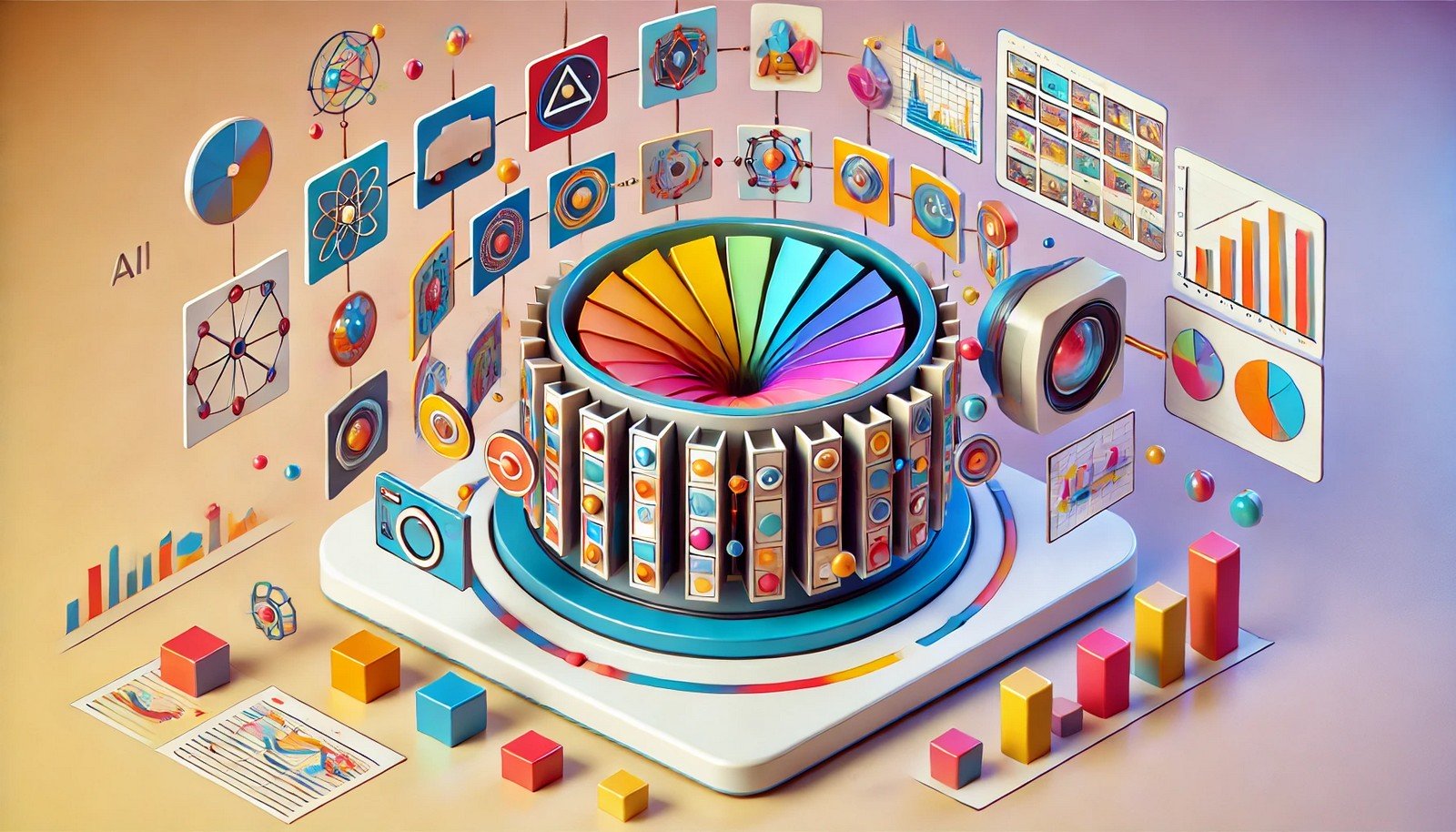 A vibrant 3D illustration showing a dataset represented by images in various transformations, symbolizing data augmentation techniques like rotation, scaling, and color adjustments for AI training.