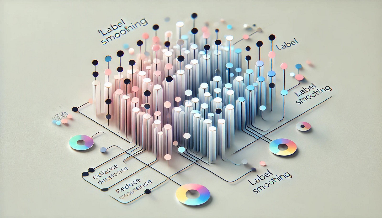 A 3D illustration of label smoothing in machine learning, featuring a neural network diagram with softened data points and subtle blur effects to illustrate adjusted classification labels and reduced overconfidence.