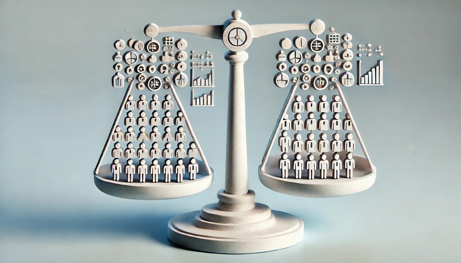 "3D illustration of a balanced scale representing Class Imbalance Correction in AI, with groups of different-sized icons on each side, visualizing equal representation of data classes."