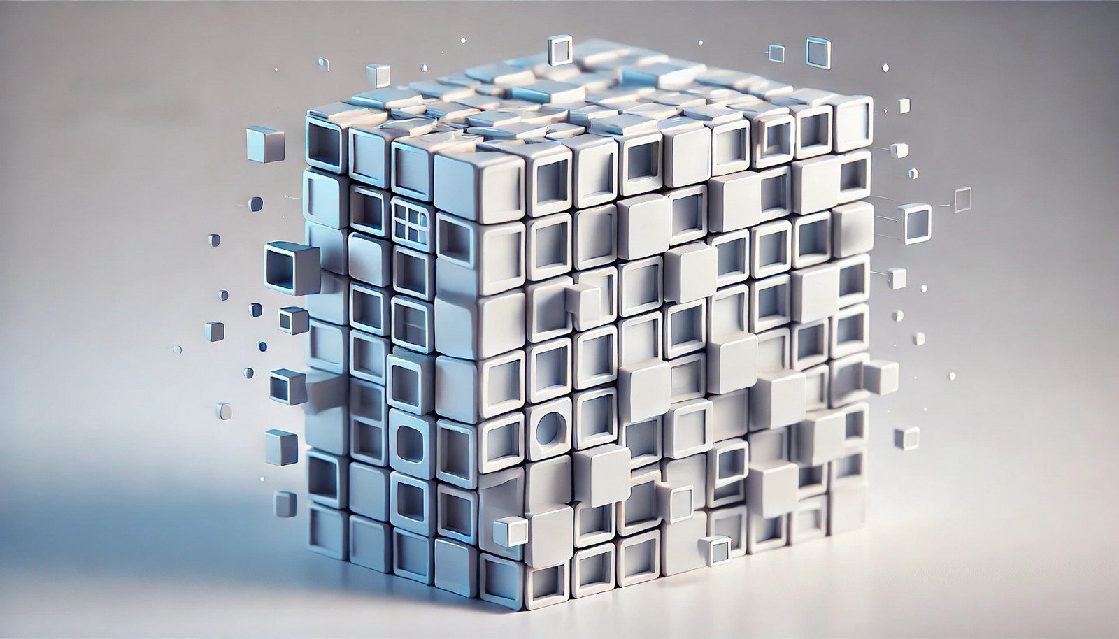 A 3D grid of images with small, random rectangular cutouts on each, illustrating data obscuration and augmentation in AI. Modern, abstract design with soft lighting highlights the technique.