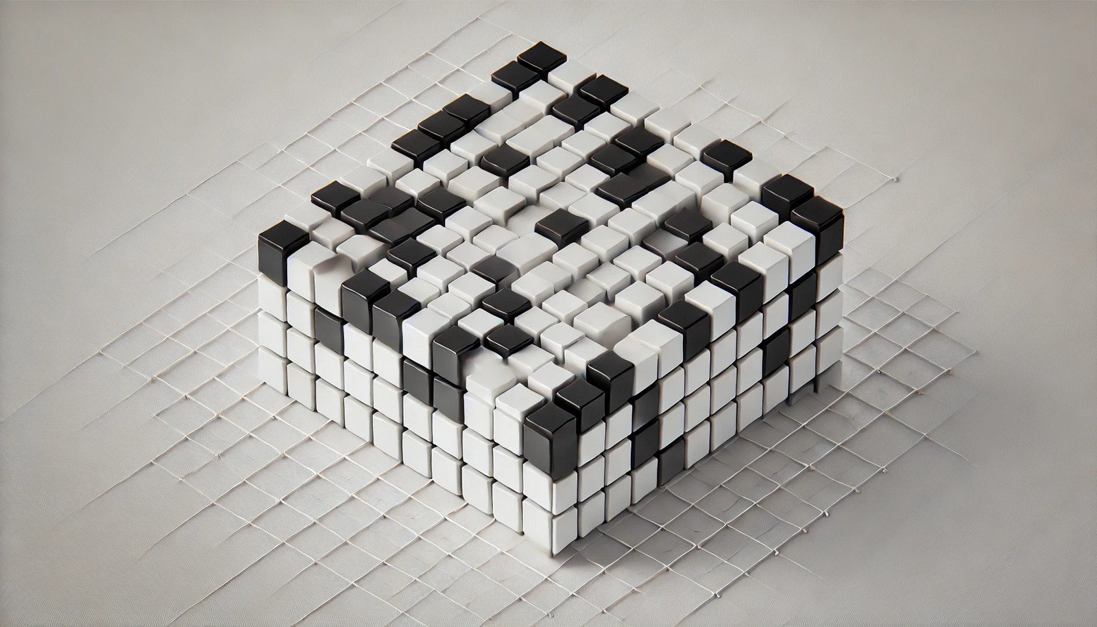 A 3D illustration of DropBlock Regularization, showing a grid with random blacked-out blocks, symbolizing blocked regions within a feature map, emphasizing pattern regularization.