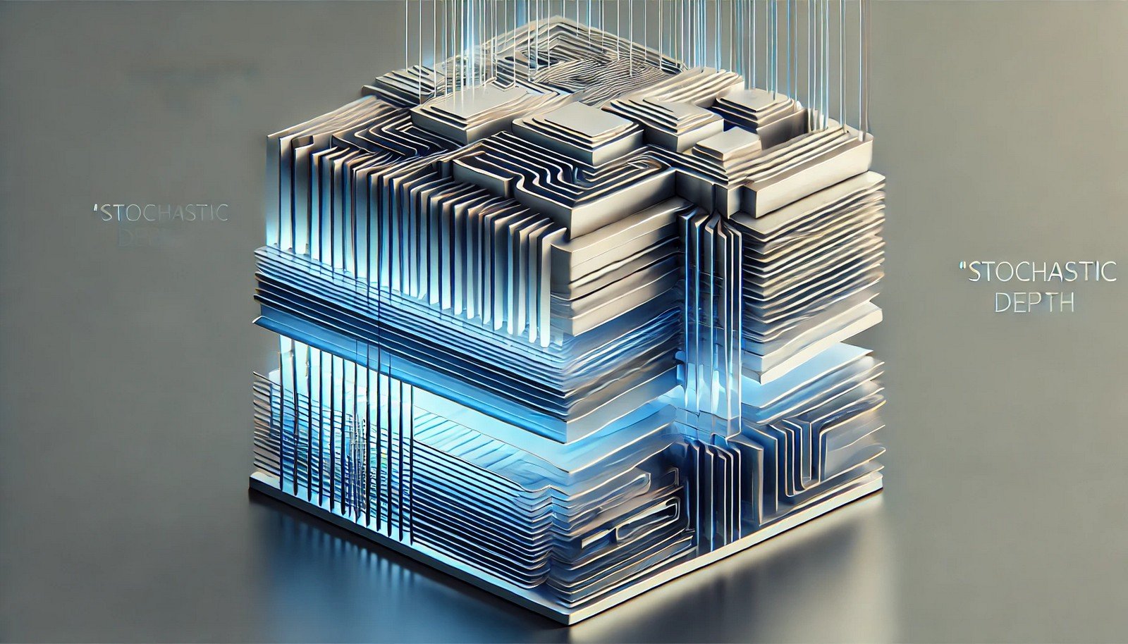 3D illustration of a neural network with a layered structure, some layers skipped to represent the stochastic depth technique, showcasing a futuristic and advanced design.