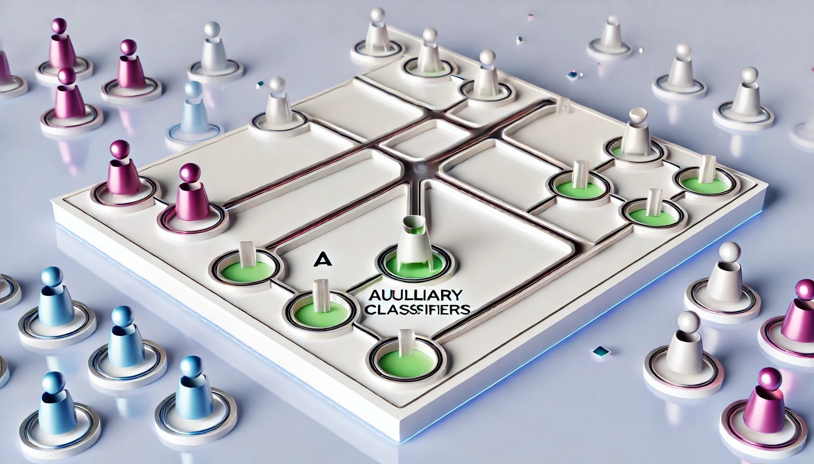 A clean 3D illustration of a neural network pathway with auxiliary branches symbolizing auxiliary classifiers supporting the main flow, emphasizing clarity and modernity in a technical style.