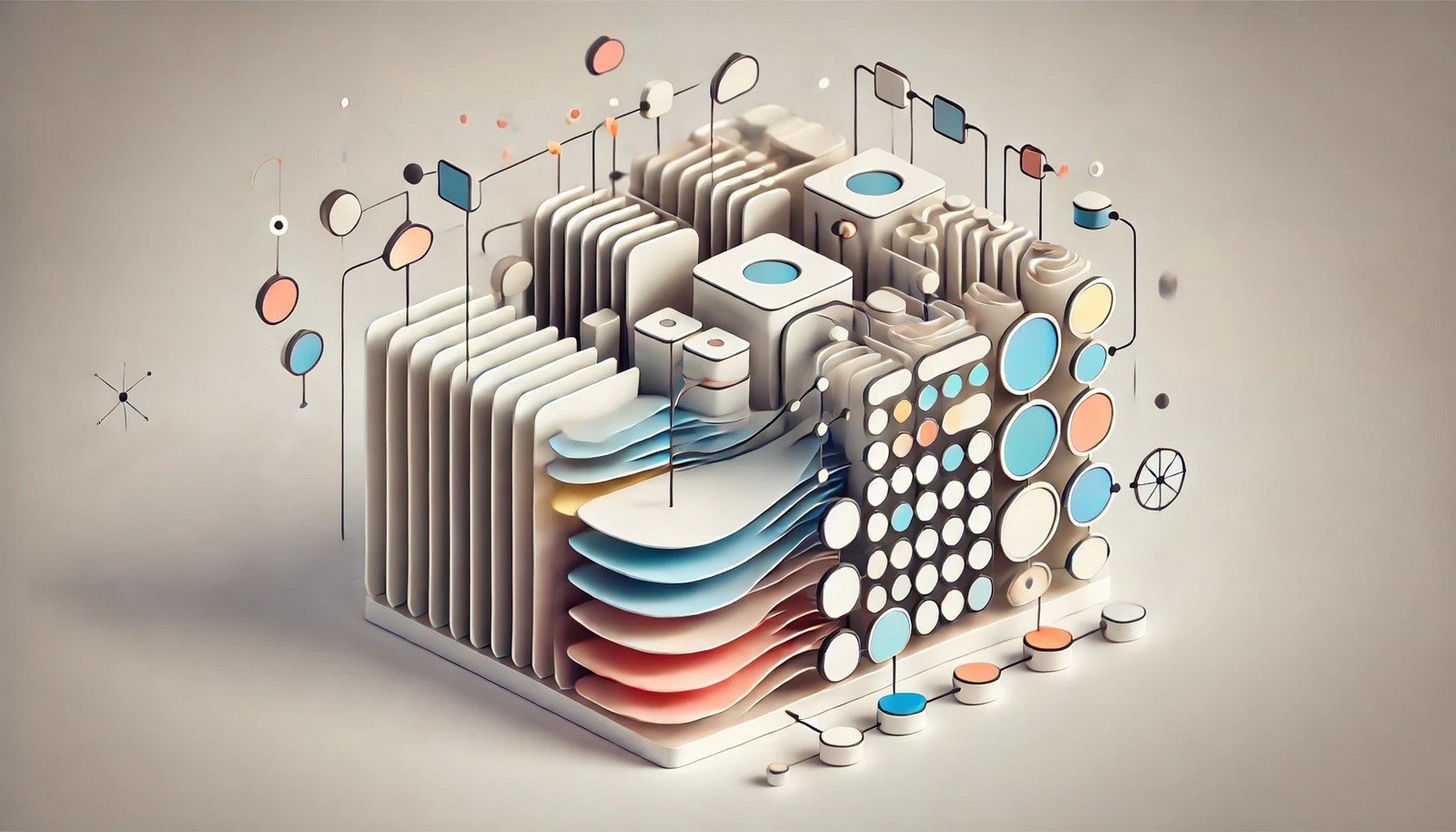 A clean 3D illustration symbolizing Depthwise Convolution, showing abstract shapes representing separate filters applied to individual data channels, emphasizing efficient processing within a neural network optimized for mobile AI.