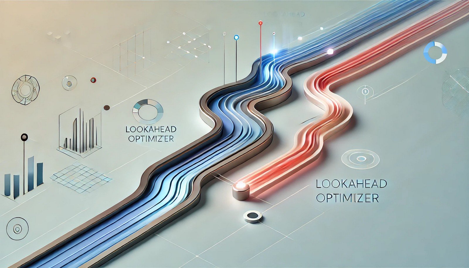 A futuristic 3D illustration of iterative optimization, showing a pathway advancing forward with smooth curves and obstacles avoided, symbolizing predictive, adaptive direction in machine learning.