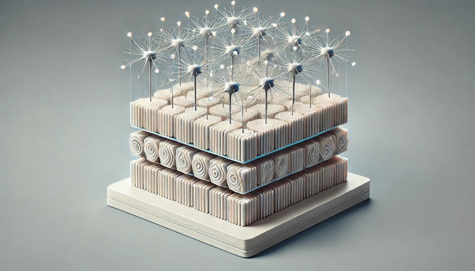  "3D illustration of layer normalization, showing neural network layers with balanced, standardized neuron structures, symbolizing stability and uniformity in activations within each layer."