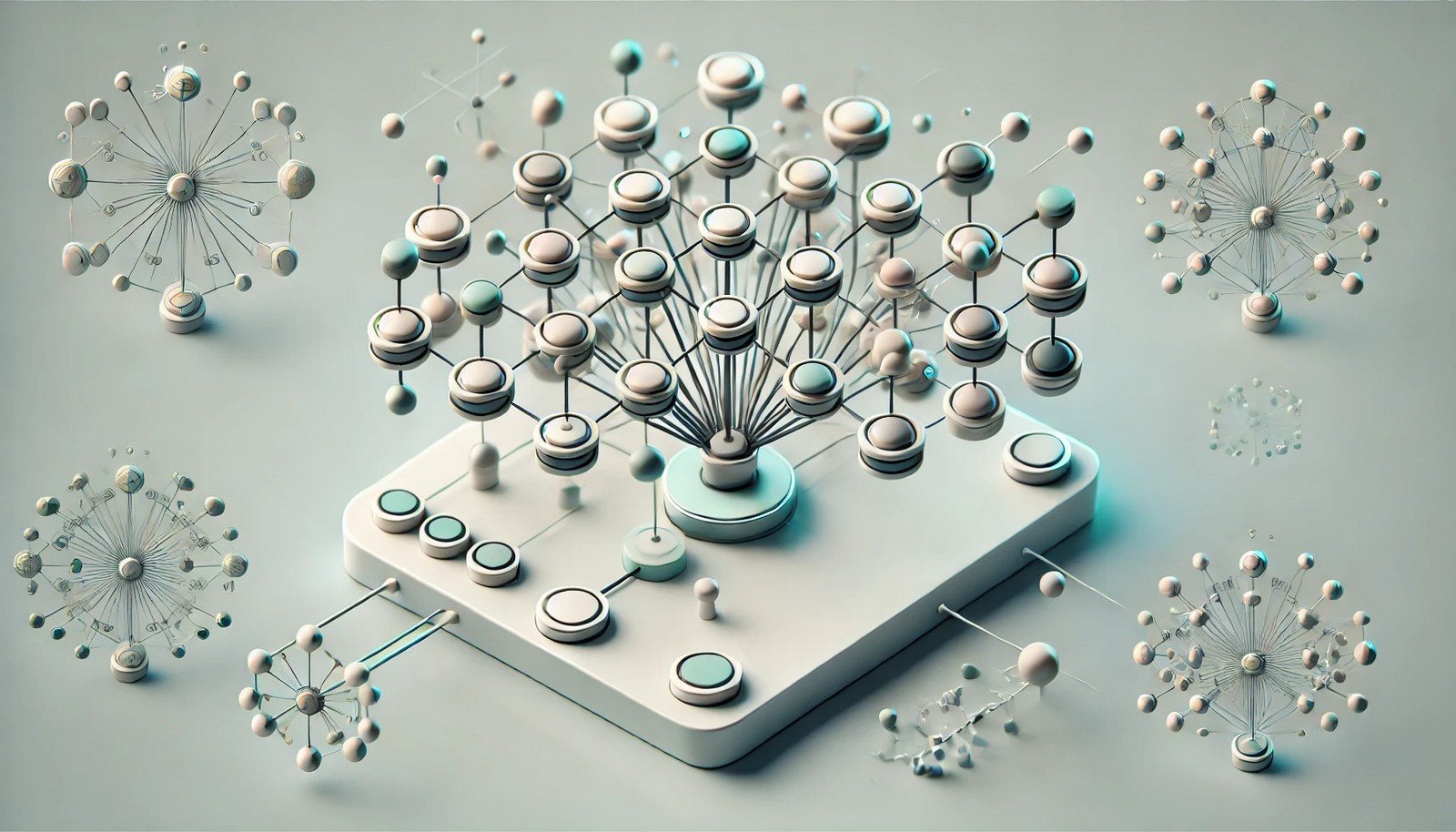 A 3D illustration of a neural network showing weights as evenly distributed, balanced elements along connections, symbolizing weight standardization for stability and efficient training.