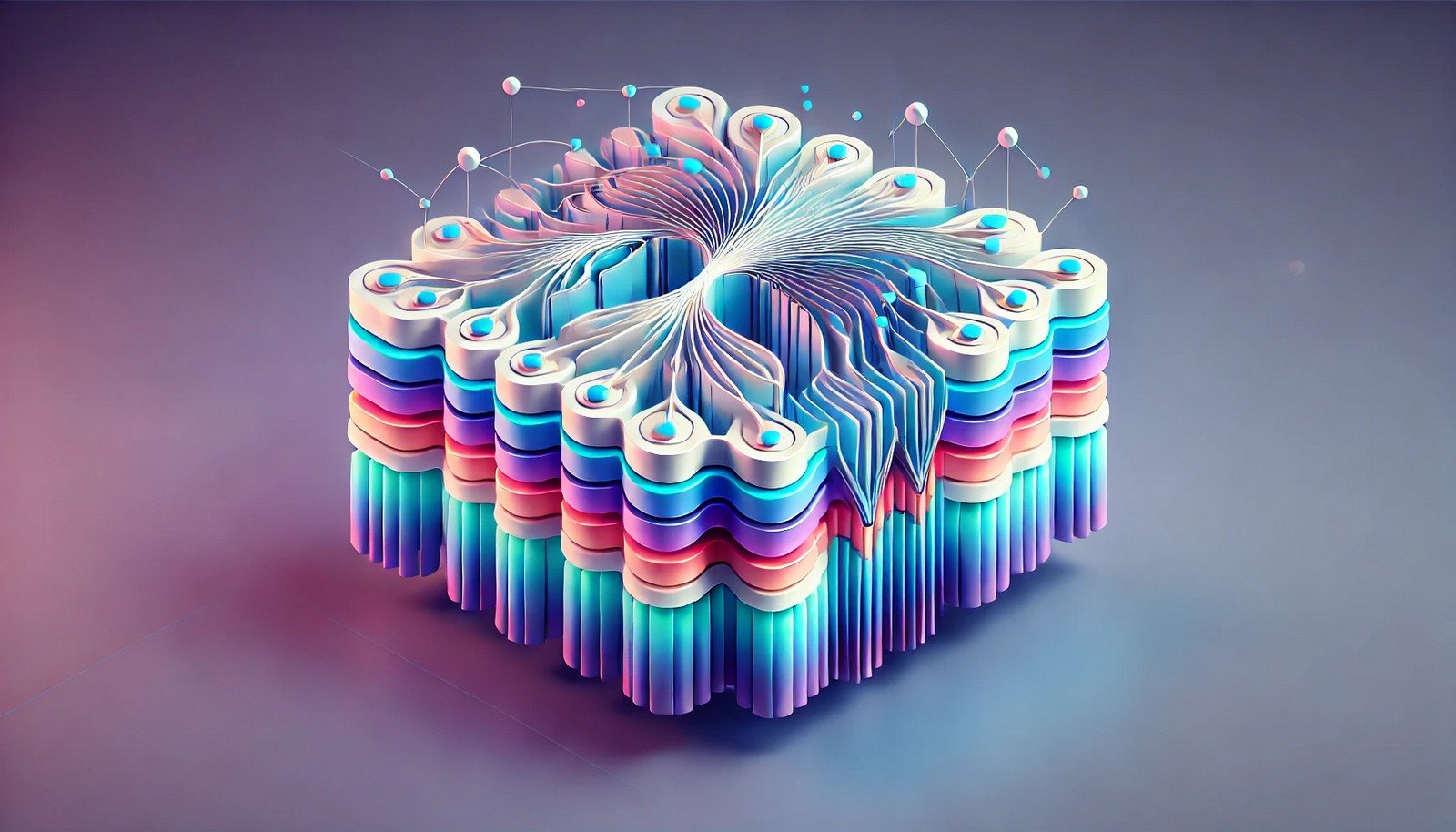 A clean 3D illustration of a neural network demonstrating Batch Renormalization, with stabilized layers and adaptive adjustments between them to maintain consistency during learning despite data distribution shifts.