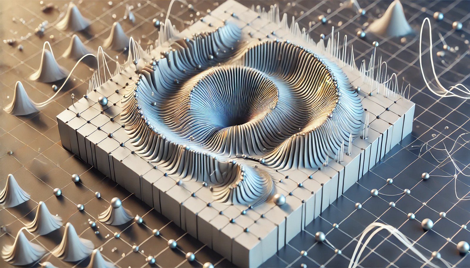 A 3D illustration representing Energy-based Regularization in AI, featuring a stabilized energy field with converging pathways guiding towards balanced, lower energy states, symbolizing stability and accuracy.