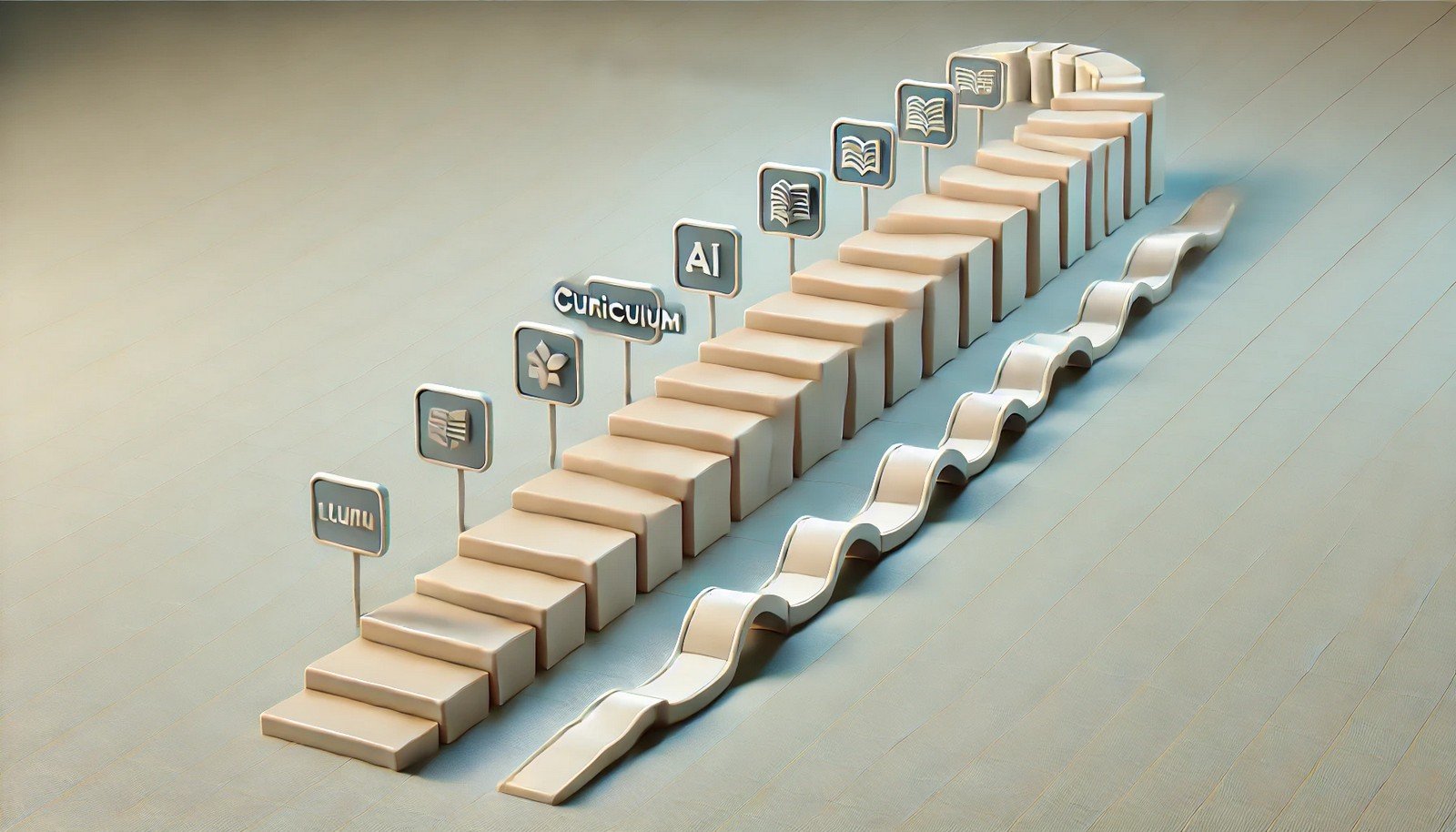 A clean 3D illustration showing a sequence of obstacles increasing in complexity, symbolizing Curriculum Learning as a step-by-step learning progression in AI.