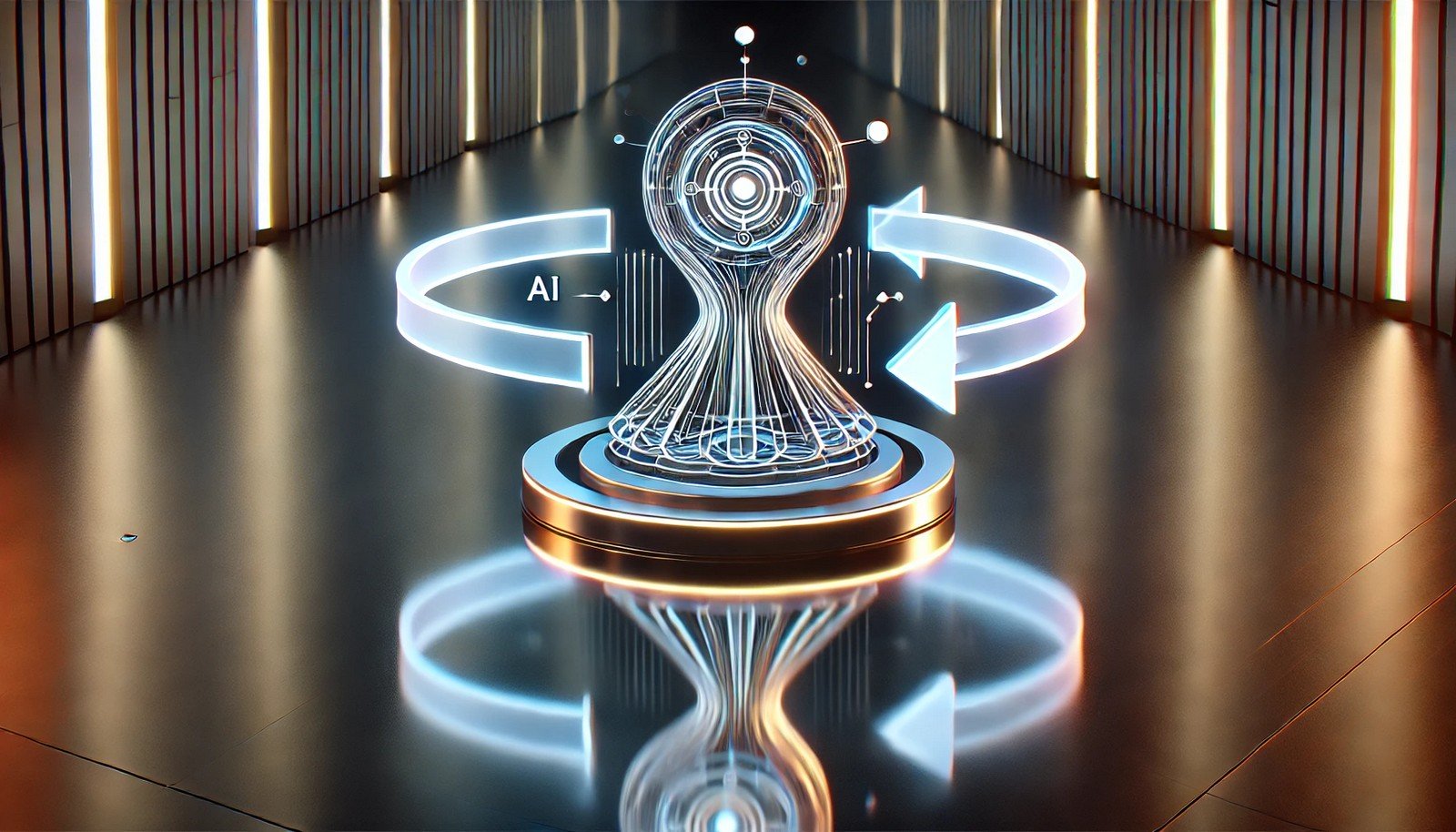 A futuristic 3D illustration symbolizing self-distillation in AI, showing a reflective entity that visually enhances itself in iterative loops with glowing lines against a streamlined background.