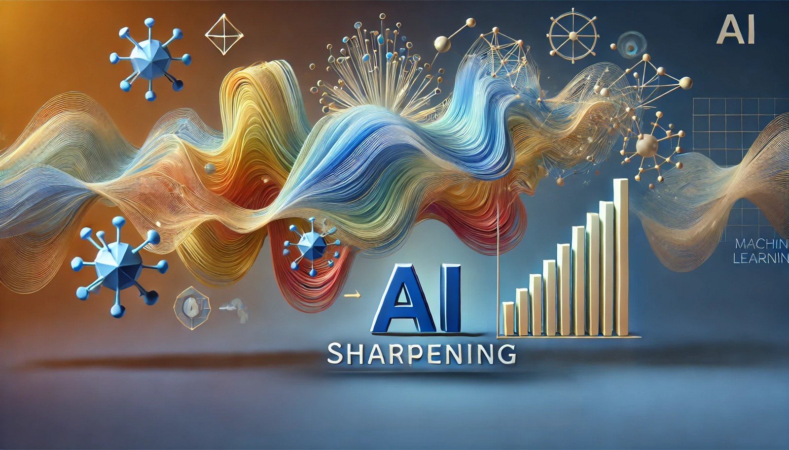 A 3D illustration of a machine learning model refining and clarifying data, symbolizing "Sharpening" in AI, with blurred data transforming into sharp, precise outputs.