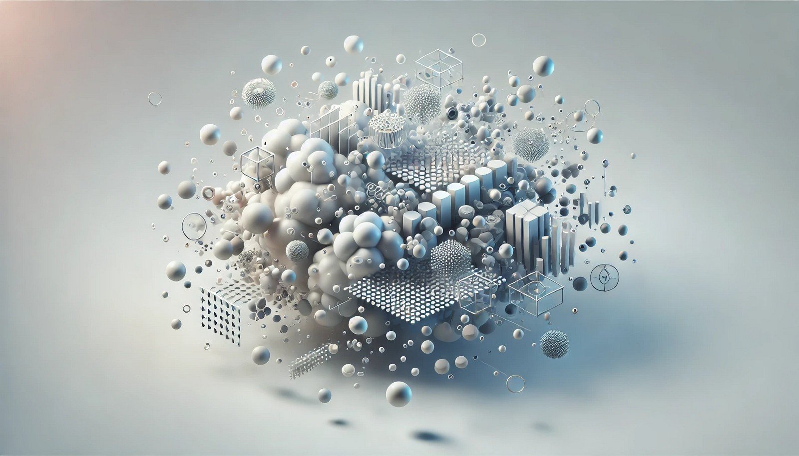 Abstract 3D illustration showing entropy minimization, with scattered elements transforming from disorder on the left to orderly alignment on the right, symbolizing structured data organization.