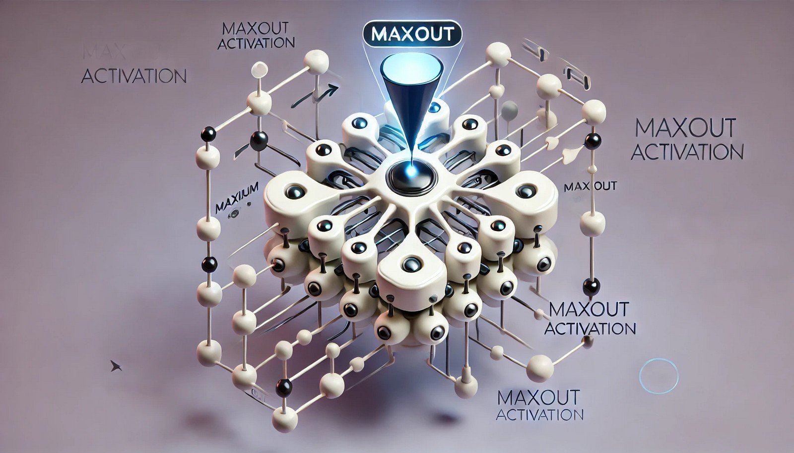 A clean 3D illustration of a neural network node selecting the maximum value from multiple inputs, symbolizing the Maxout Activation function’s process of optimization and enhanced model performance.