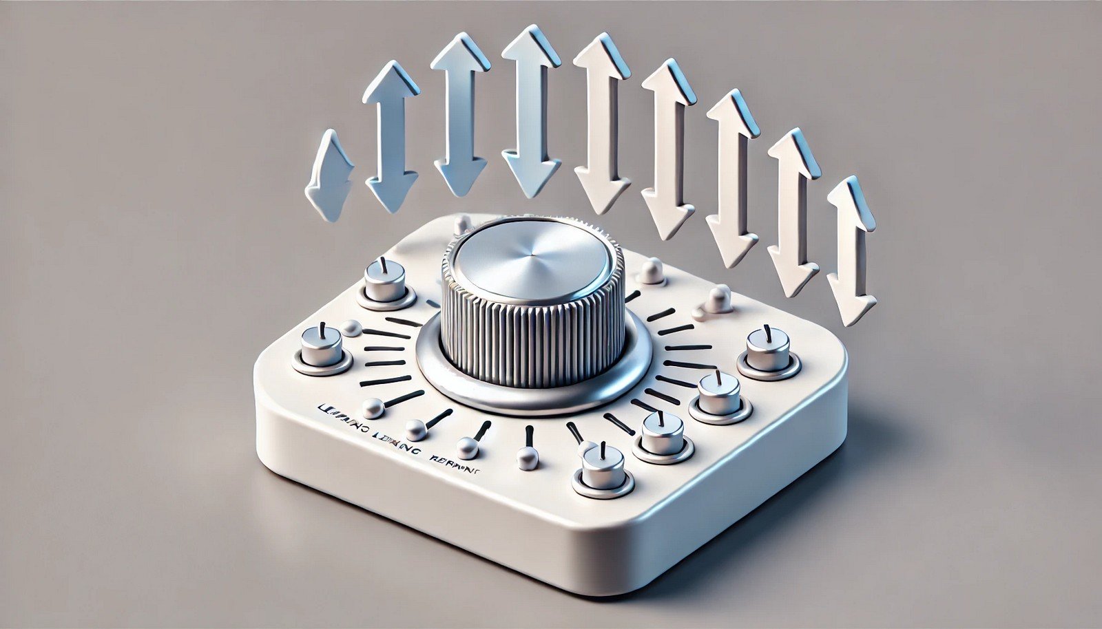 A clean 3D illustration depicting the concept of "Learning Rate Decay" with a dial and progressively smaller arrows, symbolizing the gradual reduction in learning adjustments over time.