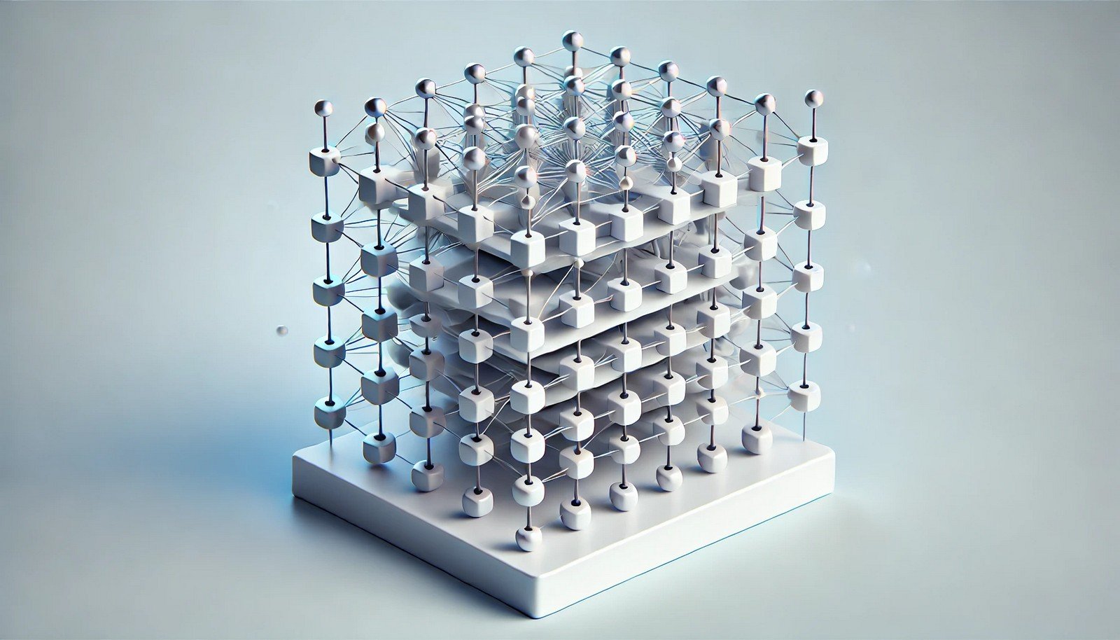 A 3D illustration of a neural network depicting spectral normalization, showing balanced, evenly spaced nodes and connections that convey stability and control, with layers visually aligned.