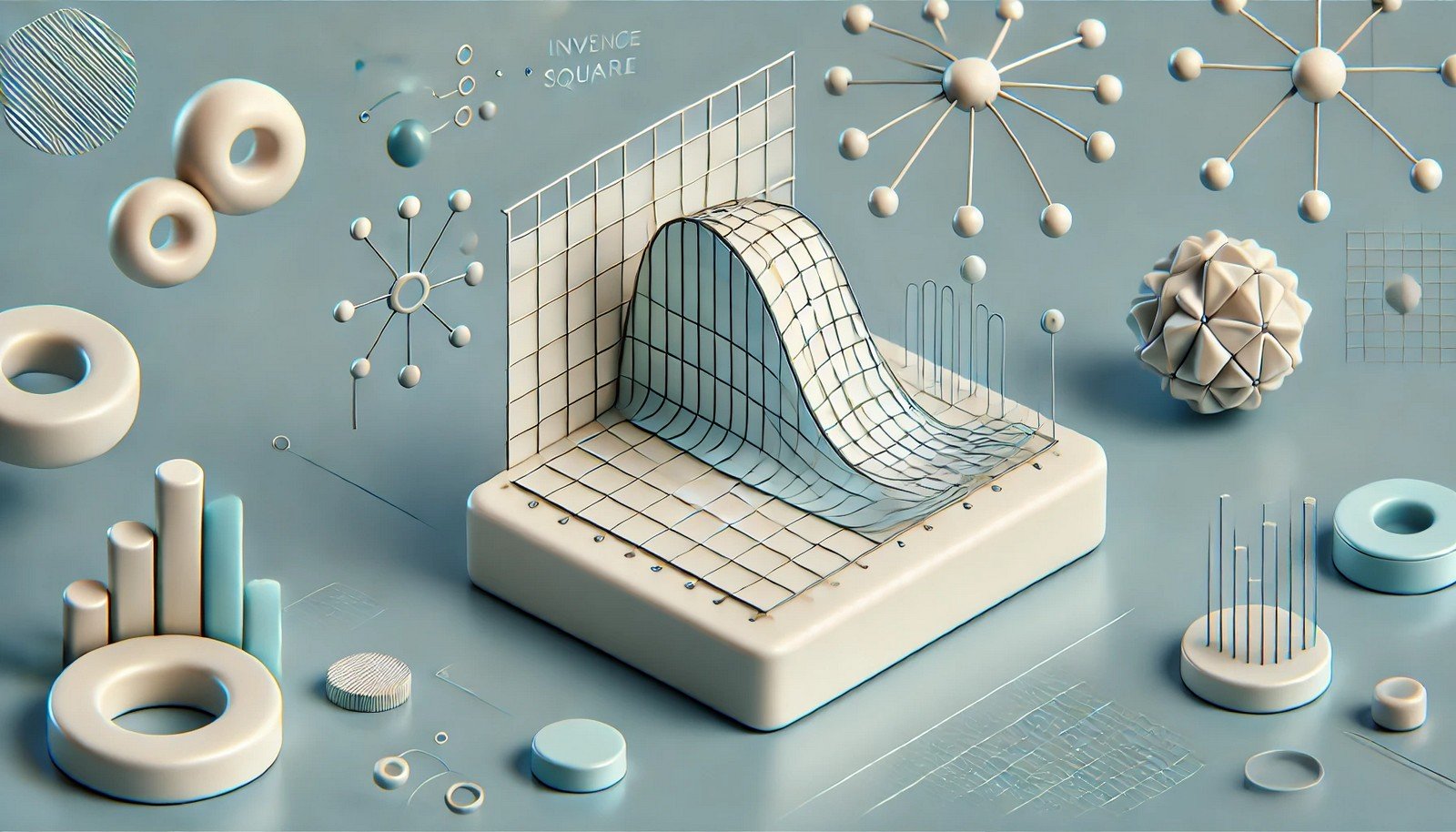 A smooth, downward-sloping 3D line graph gradually flattens near the baseline, symbolizing inverse square root decay in learning rate. Abstract neural network structures subtly frame the background.