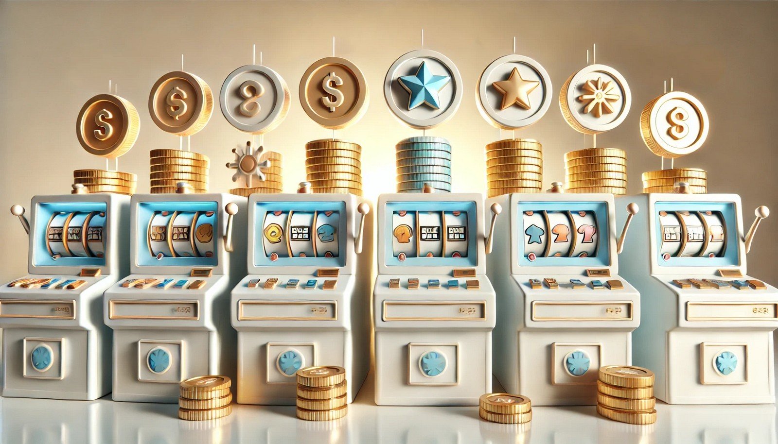 Multiple 3D slot machines lined up, each with a unique reward icon above to represent decision-making in Bandit-Based Optimization. Clean, bright colors emphasize choice and exploration.