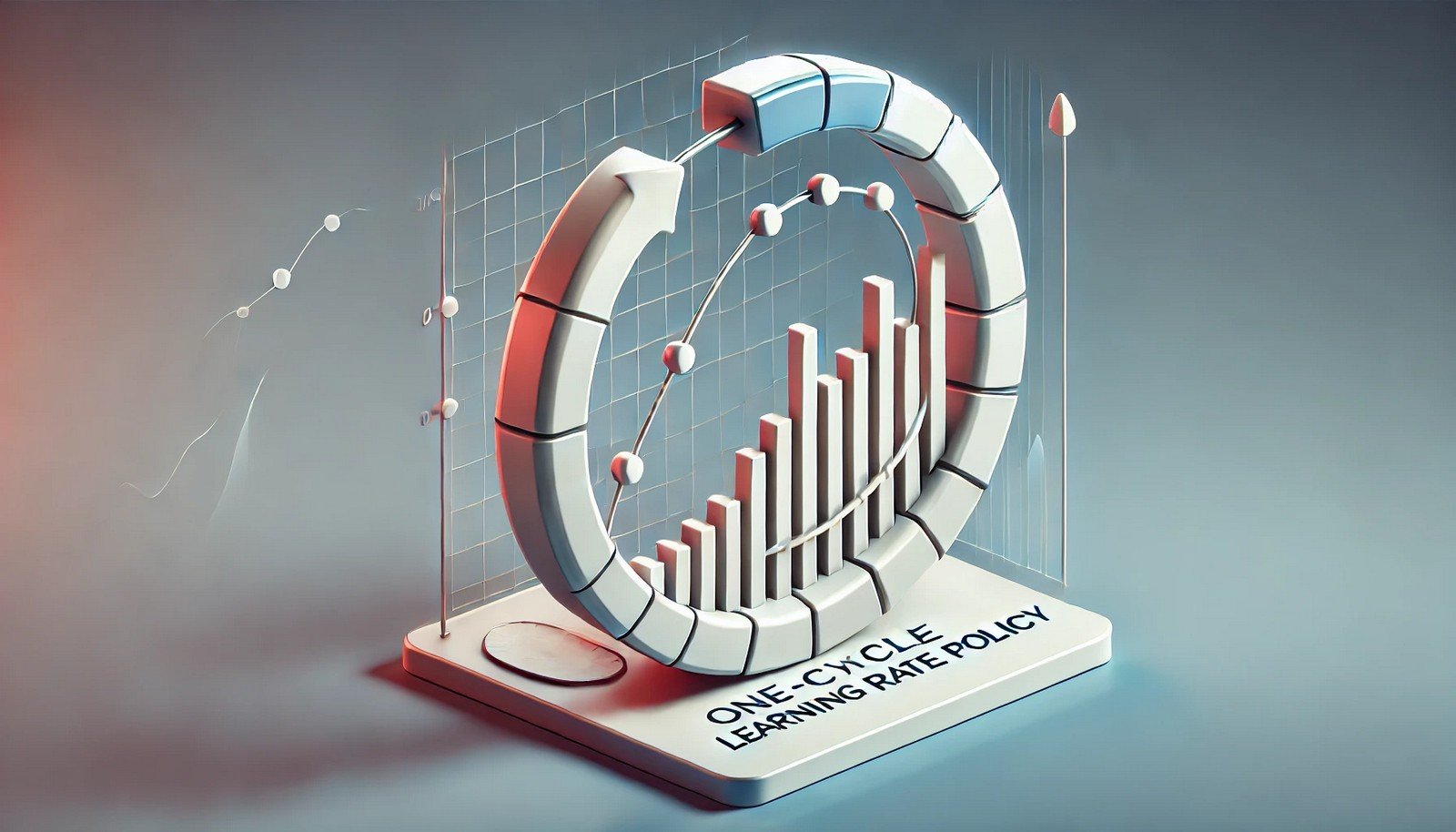  A 3D illustration of the One-Cycle Learning Rate Policy concept in deep learning, featuring a dynamic, cyclical graph representing the rise and fall of the learning rate over a training cycle, highlighting neural network optimization.