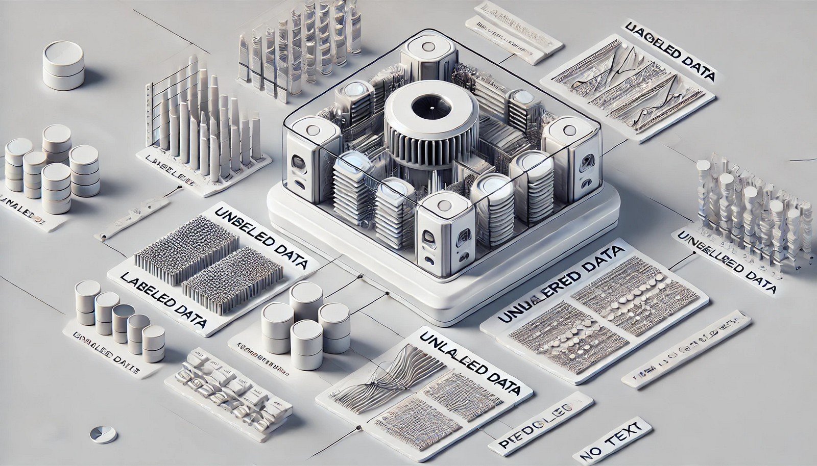 A 3D illustration of a machine learning model processing labeled and unlabeled data, visually converting blank data points into pseudo-labeled points in a structured, tech-inspired environment.