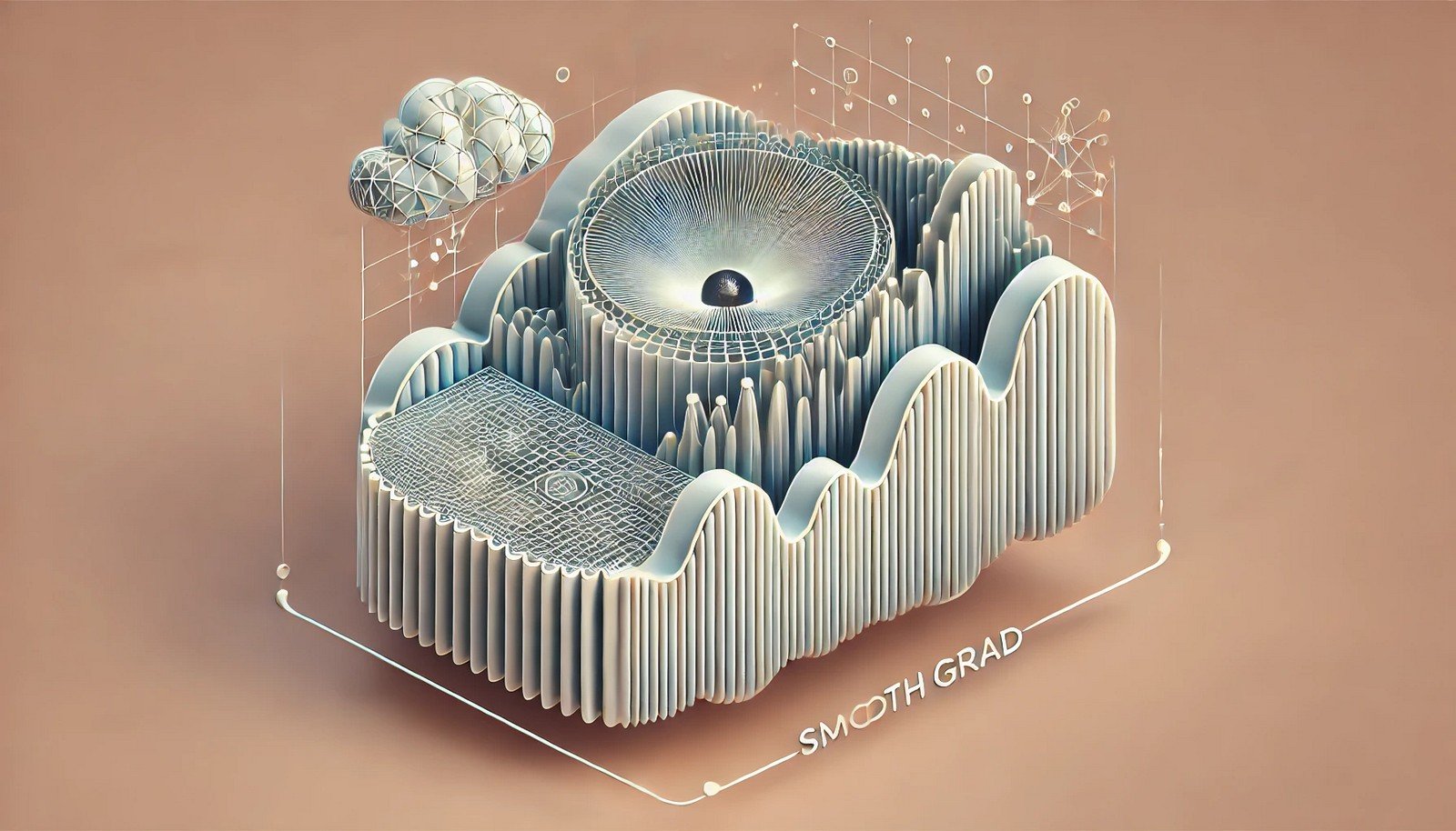 A clean 3D illustration visualizing the SmoothGrad concept, showing a neural network interpreting an image with layers of noise reduction, highlighting clarity and feature importance through structured gradients.