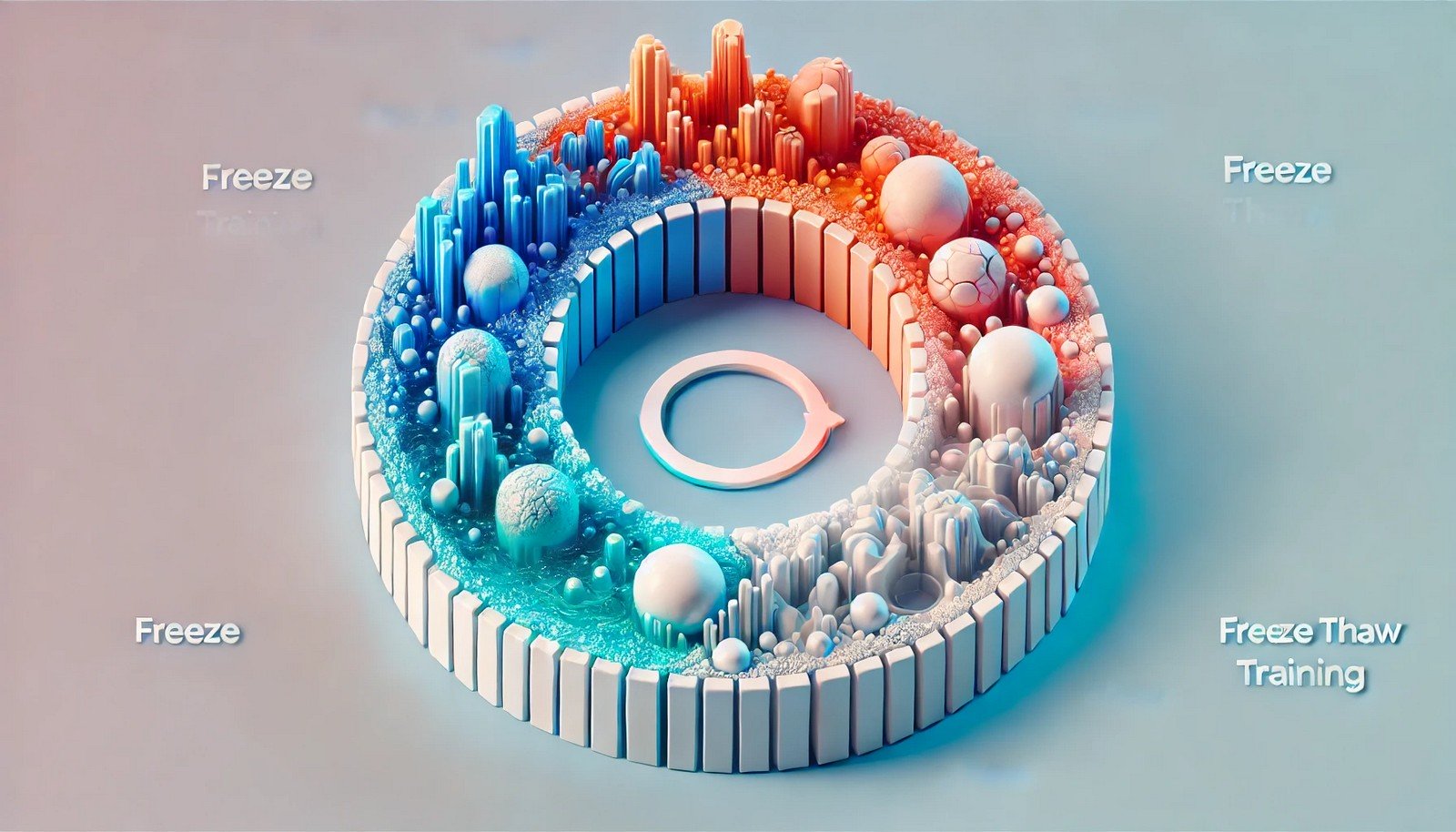 A 3D illustration showing the Freeze Thaw Training concept in AI, with a contrasting cool-to-warm color gradient symbolizing alternating freeze (stability) and thaw (adaptability) phases.