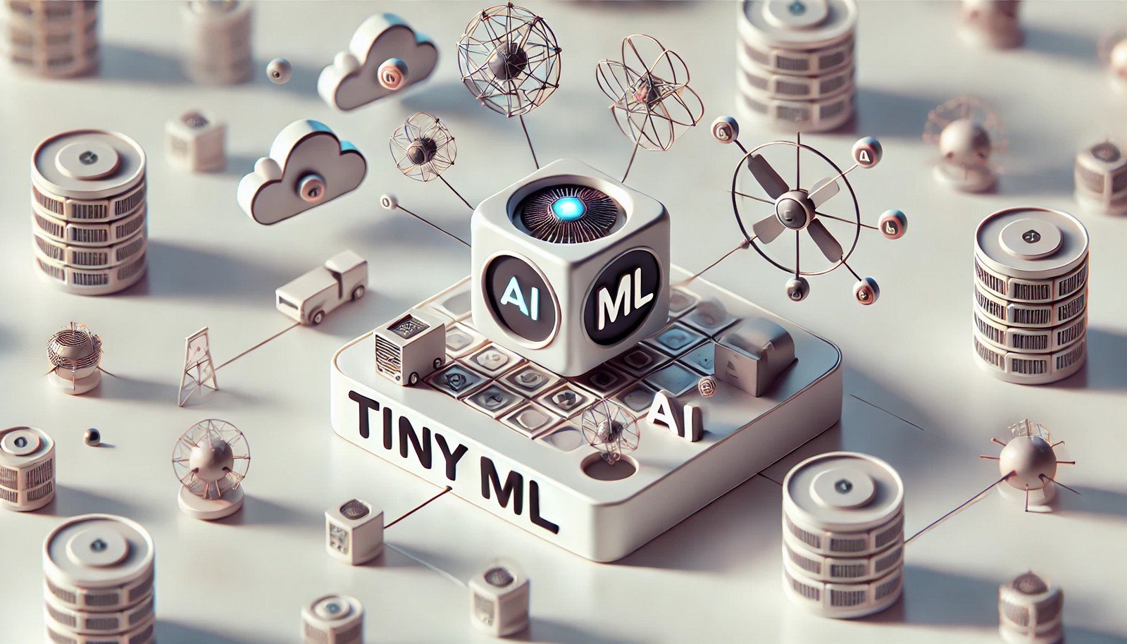 Small, futuristic sensors and microcontrollers symbolizing TinyML, performing AI tasks independently without cloud reliance, shown in a clean 3D style representing intelligence and efficiency in compact devices.