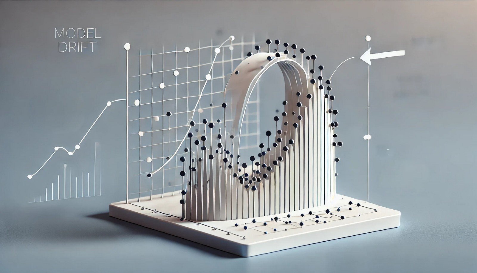 A clean 3D illustration representing Model Drift in machine learning, with a graph showing data points and a gradual shift, symbolizing performance change due to evolving data patterns.