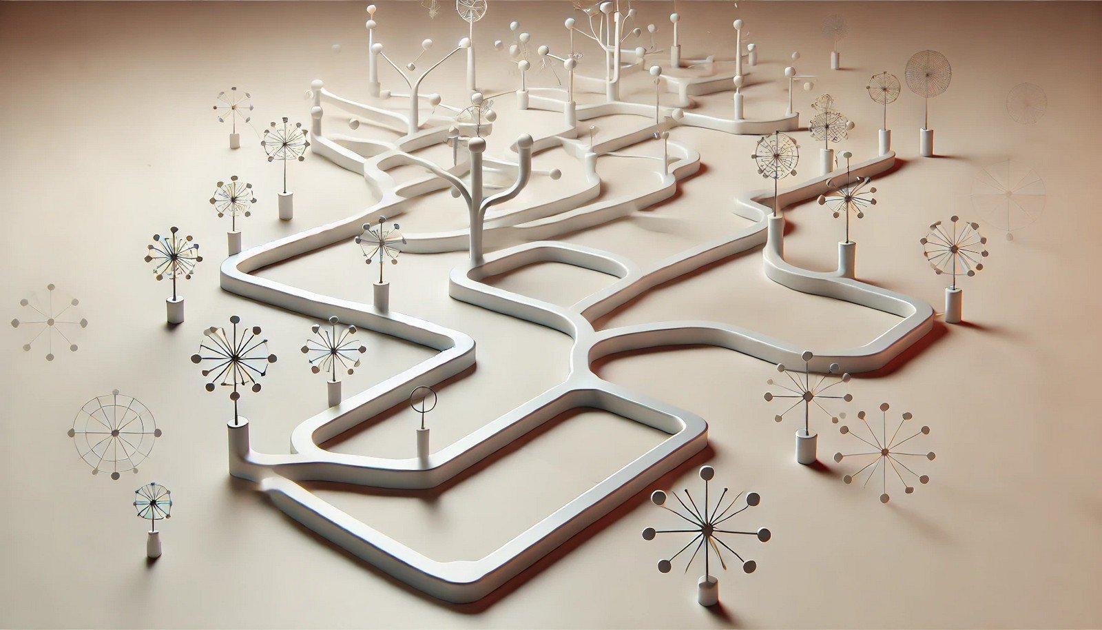 A clean 3D illustration of causal inference, showing a dynamic network of interconnected paths branching and converging, symbolizing cause-effect relationships in a minimalist style.