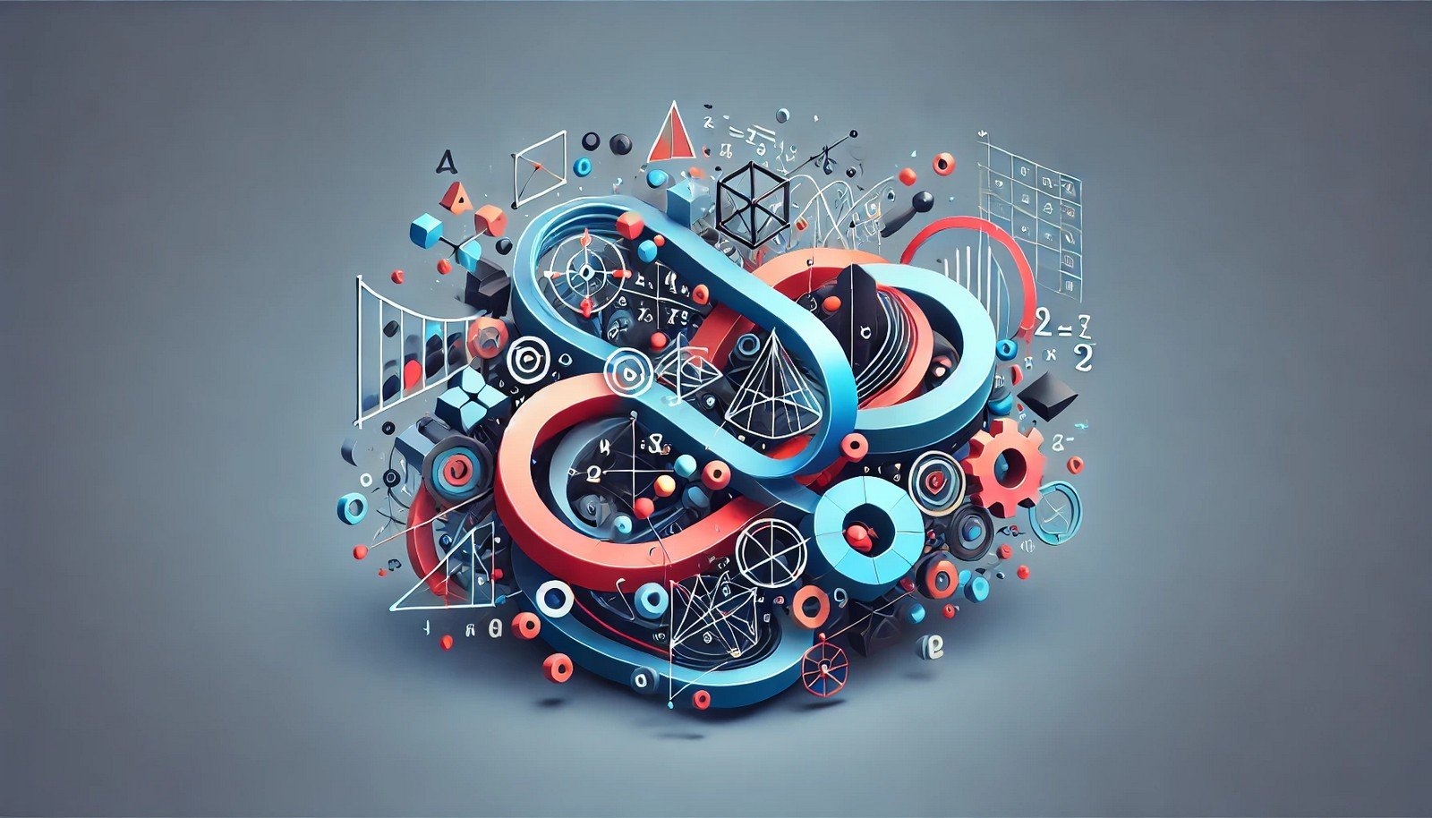 A 3D illustration of Symbolic Regression featuring interlocking mathematical symbols and equations, forming geometric shapes and patterns to depict complex data relationships and predictive modeling.