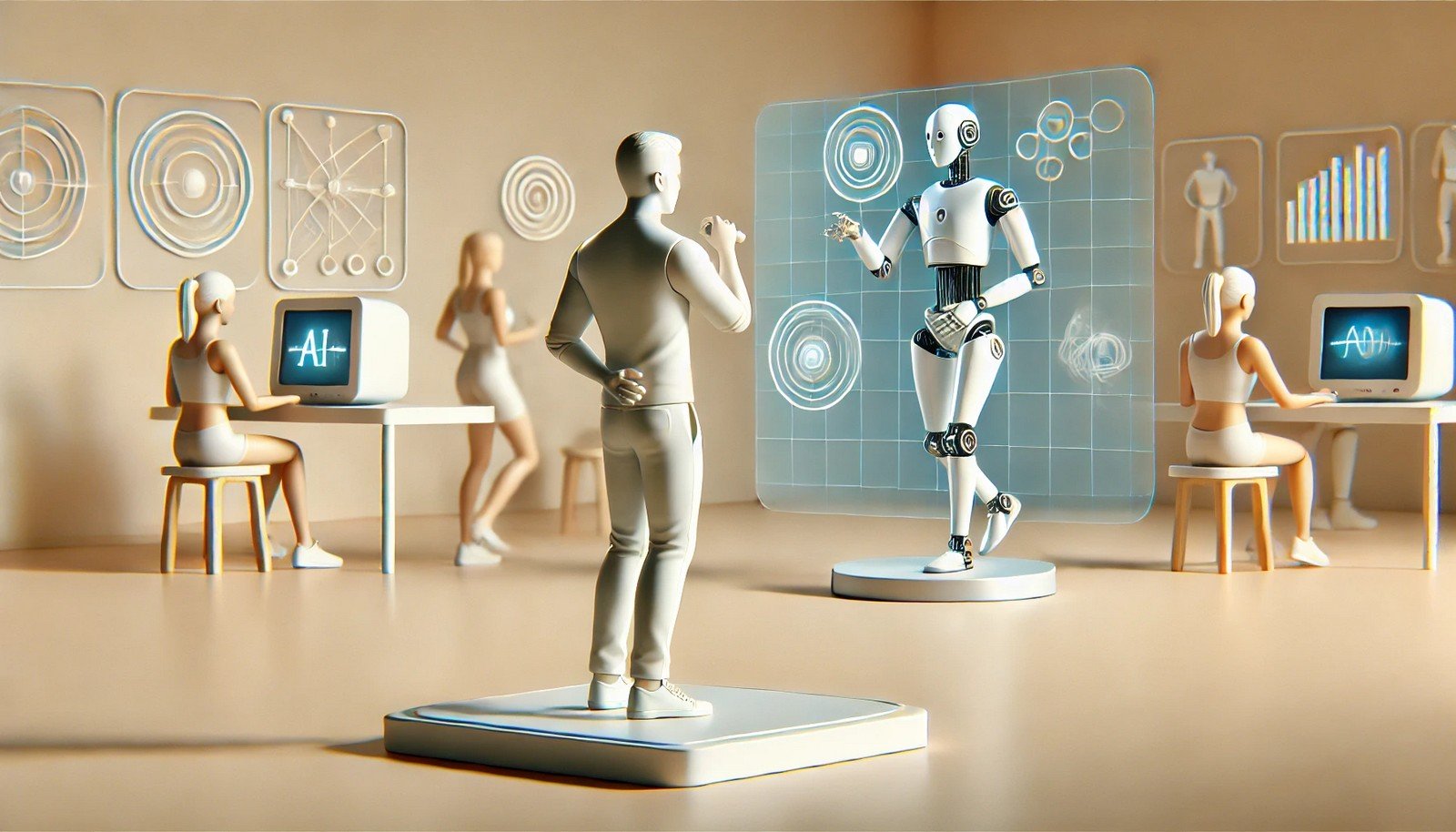 A 3D illustration of a robot learning by observing a human performing a task, symbolizing imitation learning in AI, with a minimalist, futuristic setting.