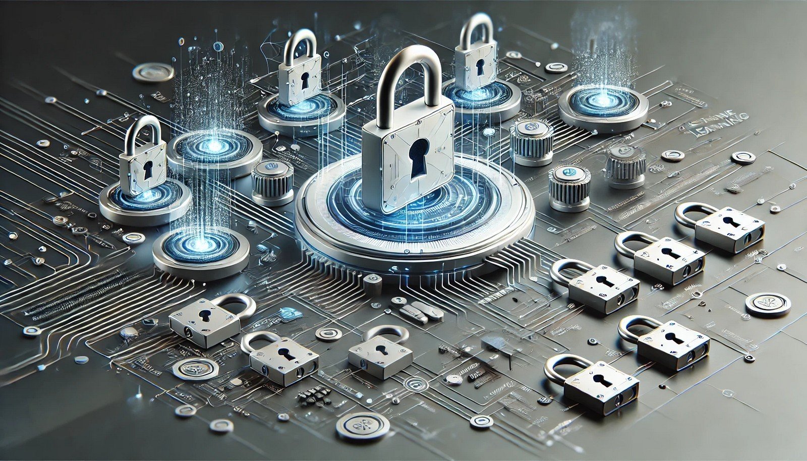 A clean, 3D illustration showing encrypted data flow in machine learning, featuring secure data locks and interconnected machine learning components within a futuristic digital network.