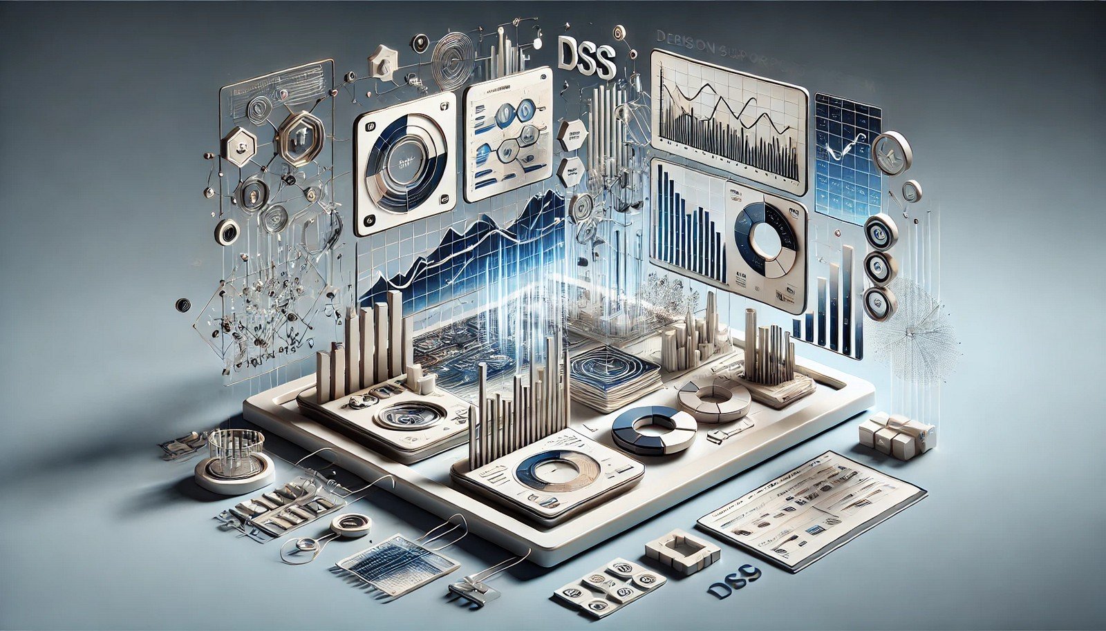 3D illustration of a Decision Support System, featuring an abstract digital dashboard with flowing data visuals, charts, and graphs, representing data-driven decision-making in a clean, modern style.