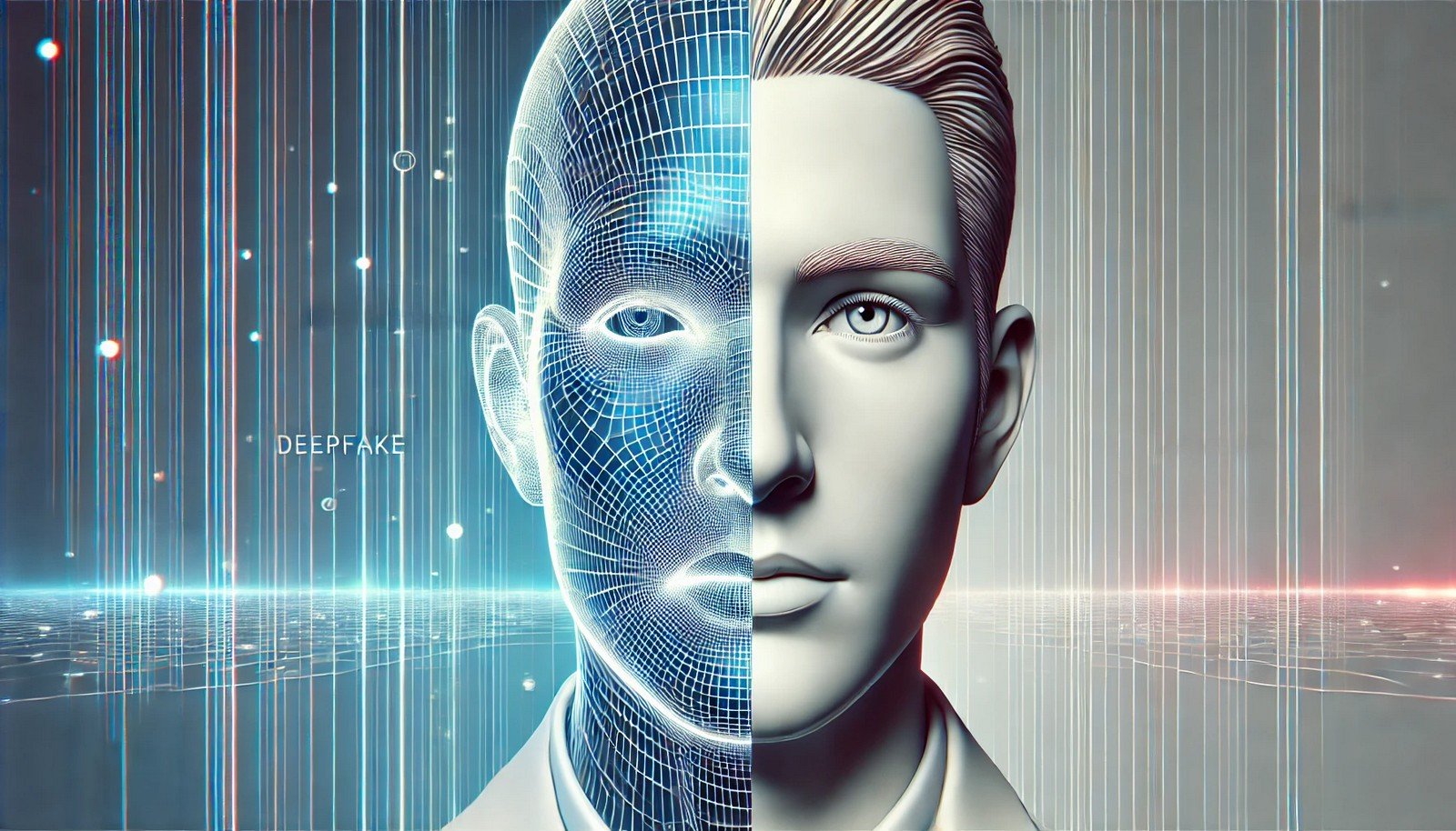 A futuristic 3D illustration depicting a deepfake, showing a realistic human face digitally morphing with an AI-generated face, symbolizing synthetic media and digital manipulation.