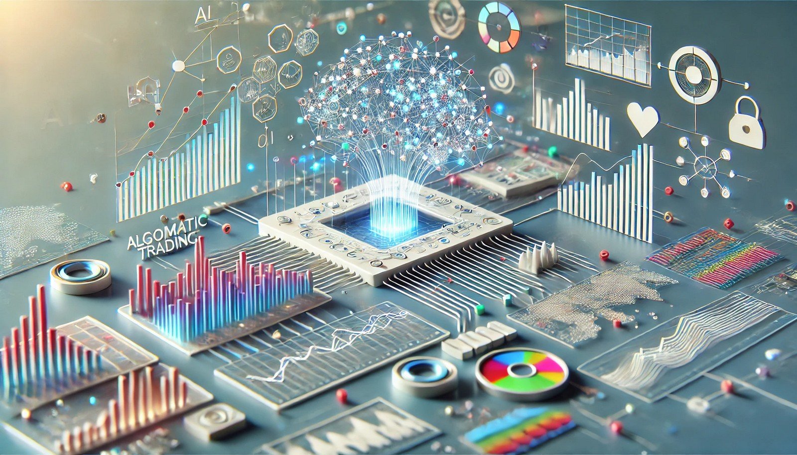 A sleek 3D illustration of AI Algorithmic Trading, showing a futuristic interface with dynamic data streams, algorithmic trading indicators, and real-time financial analysis elements interconnected to represent autonomous trading.