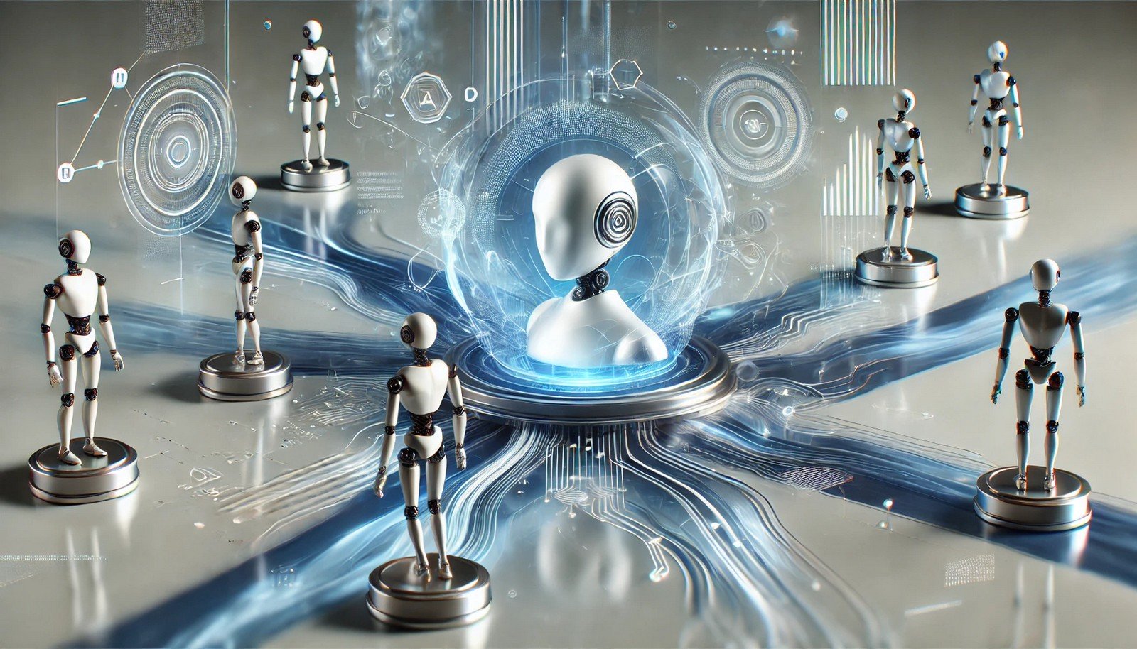 A 3D illustration of intelligent agents as futuristic, autonomous digital entities in a sleek, abstract environment. The agents interact with data flow, adapting to changes, symbolizing intelligence.